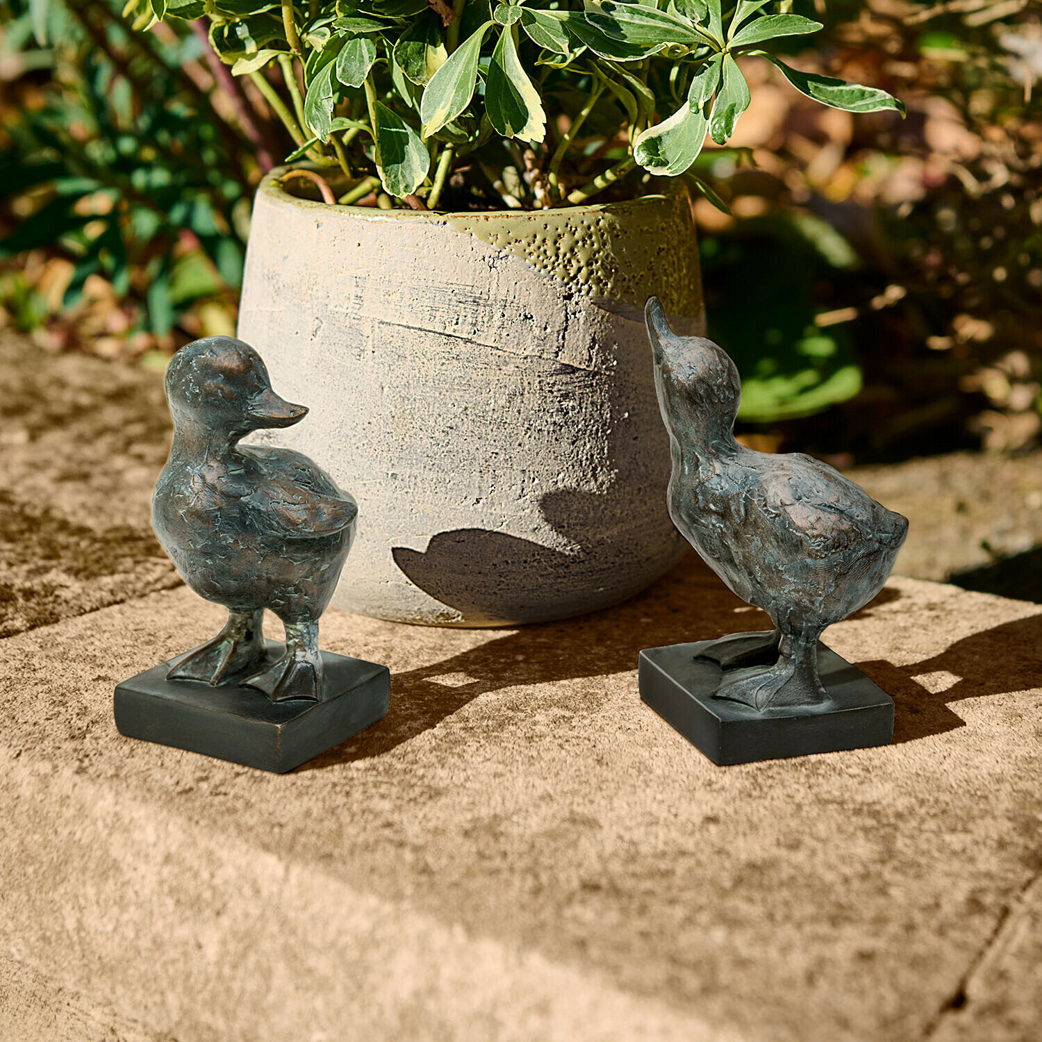 Twee donkere metalen eendenbeelden op een stenen oppervlak naast een bloempot met plant