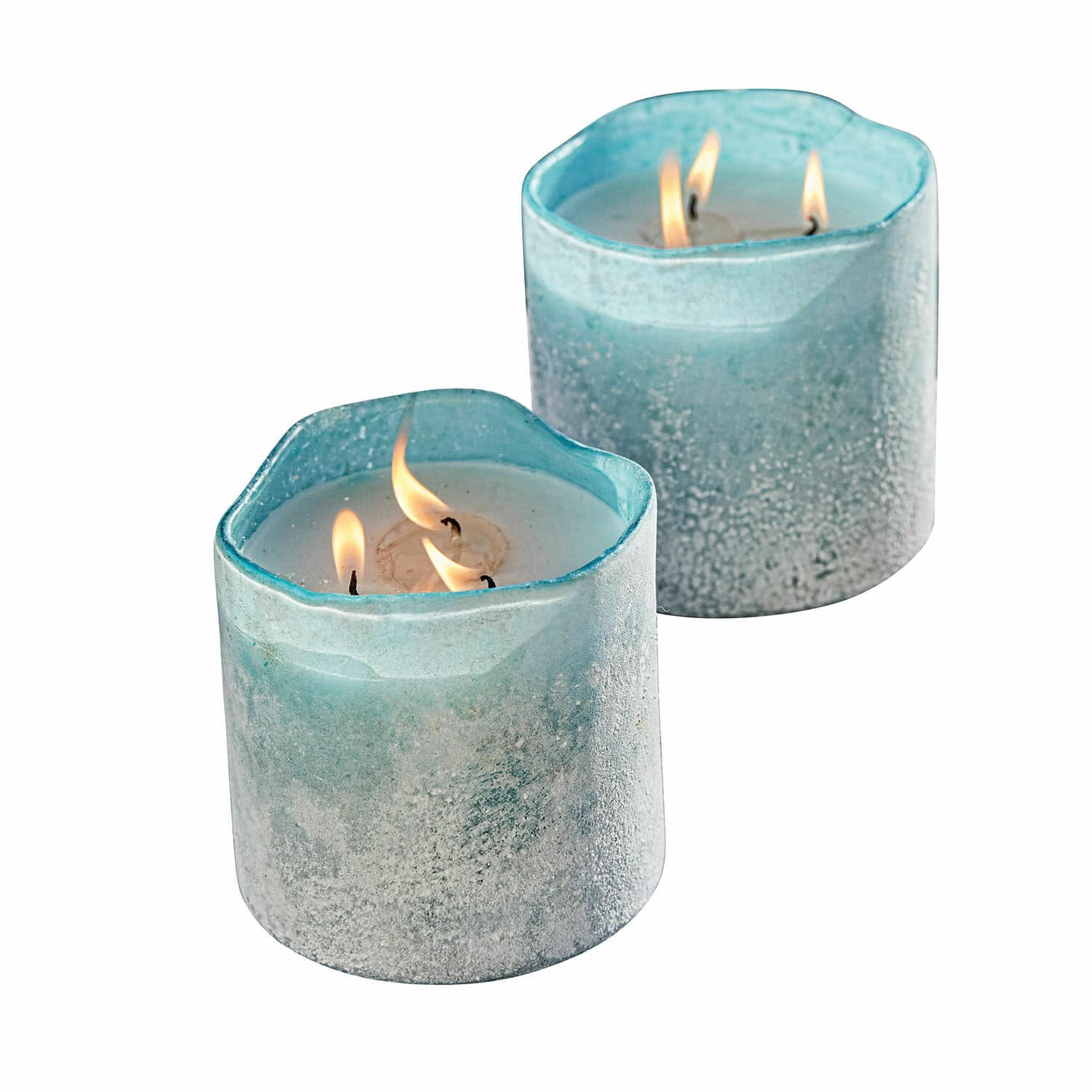 Set van 2 turquoise kaarsen in glazen windlichten Caladia voor binnen- en buitendecoratie
