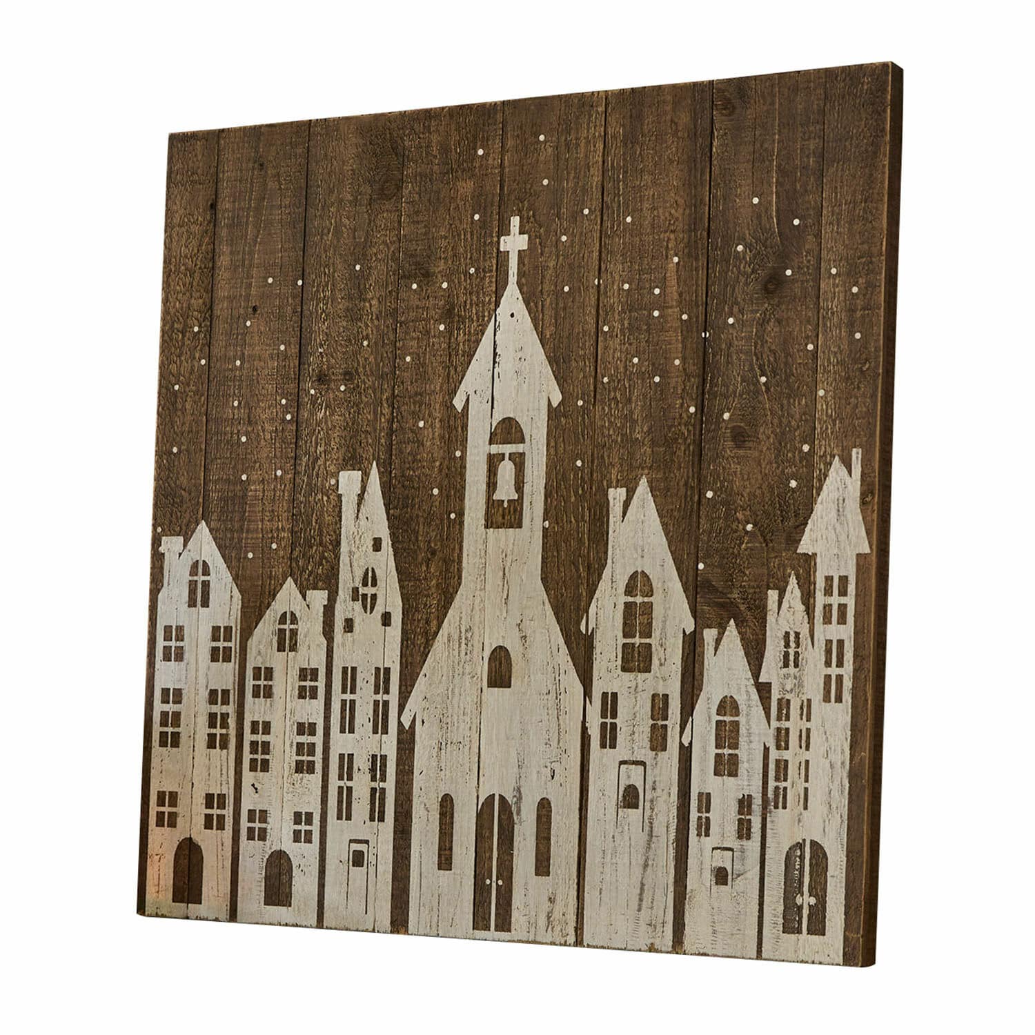Decoboard Luce Houten wanddecoratie met wit motief van huizen en kerk op donkere achtergrond, kerstversiering