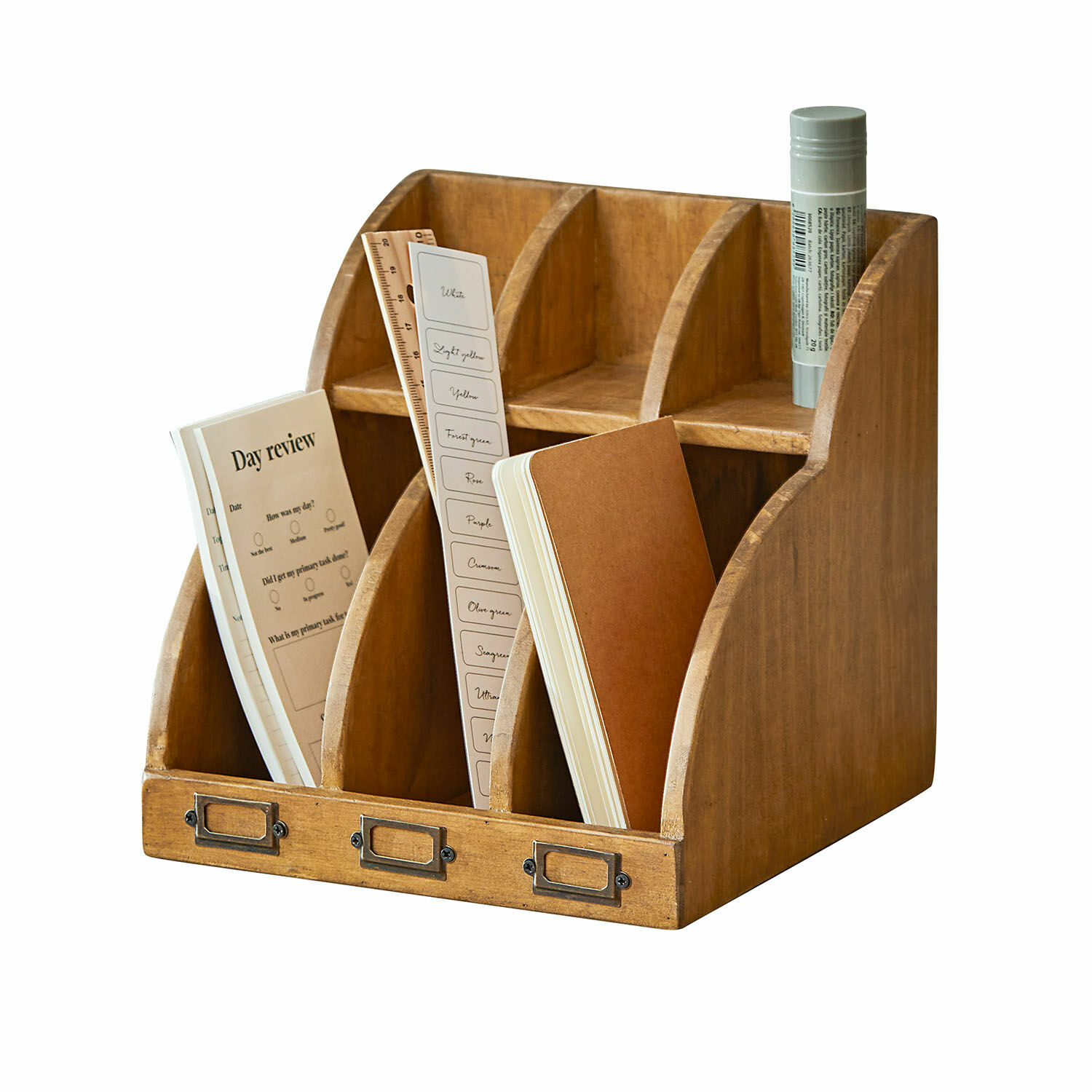 Organizer Vetralla Houten bureau-organizer met drie vakken in natuurlijke kleur voor documenten en kantoorartikelen