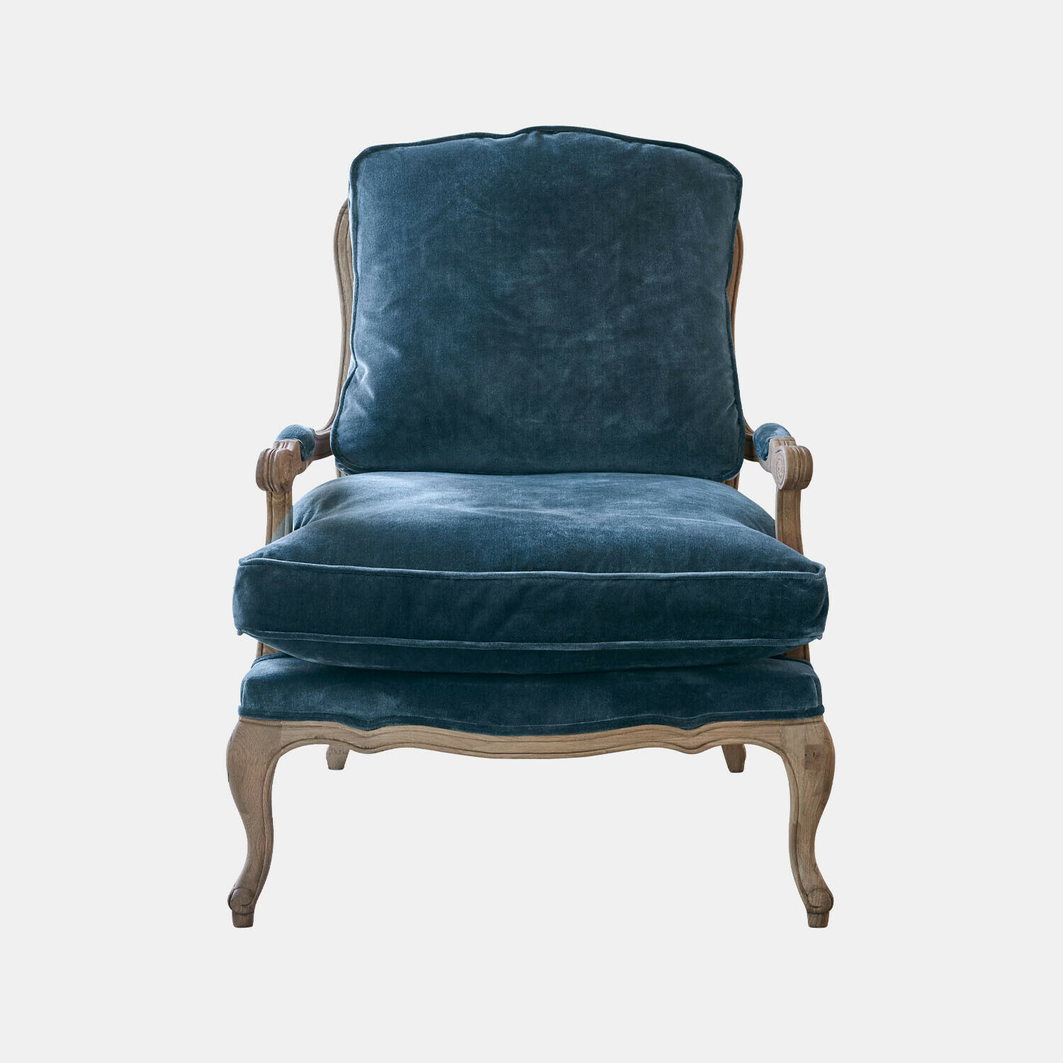blauw/bruin Corlay fauteuil met blauw fluwelen bekleding en bruine houten frame, klassieke stijl