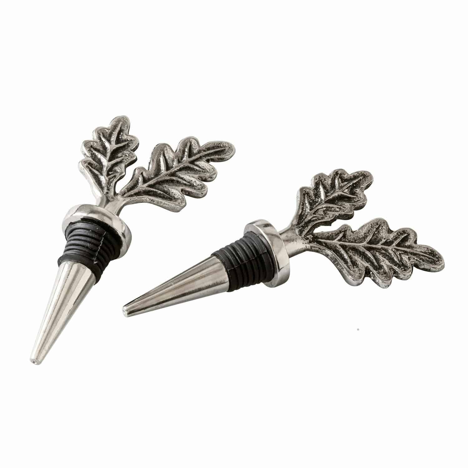 Flessenstop set van 2 Vibius Set van twee metalen flesstoppen met zilverkleurige eikenbladversiering