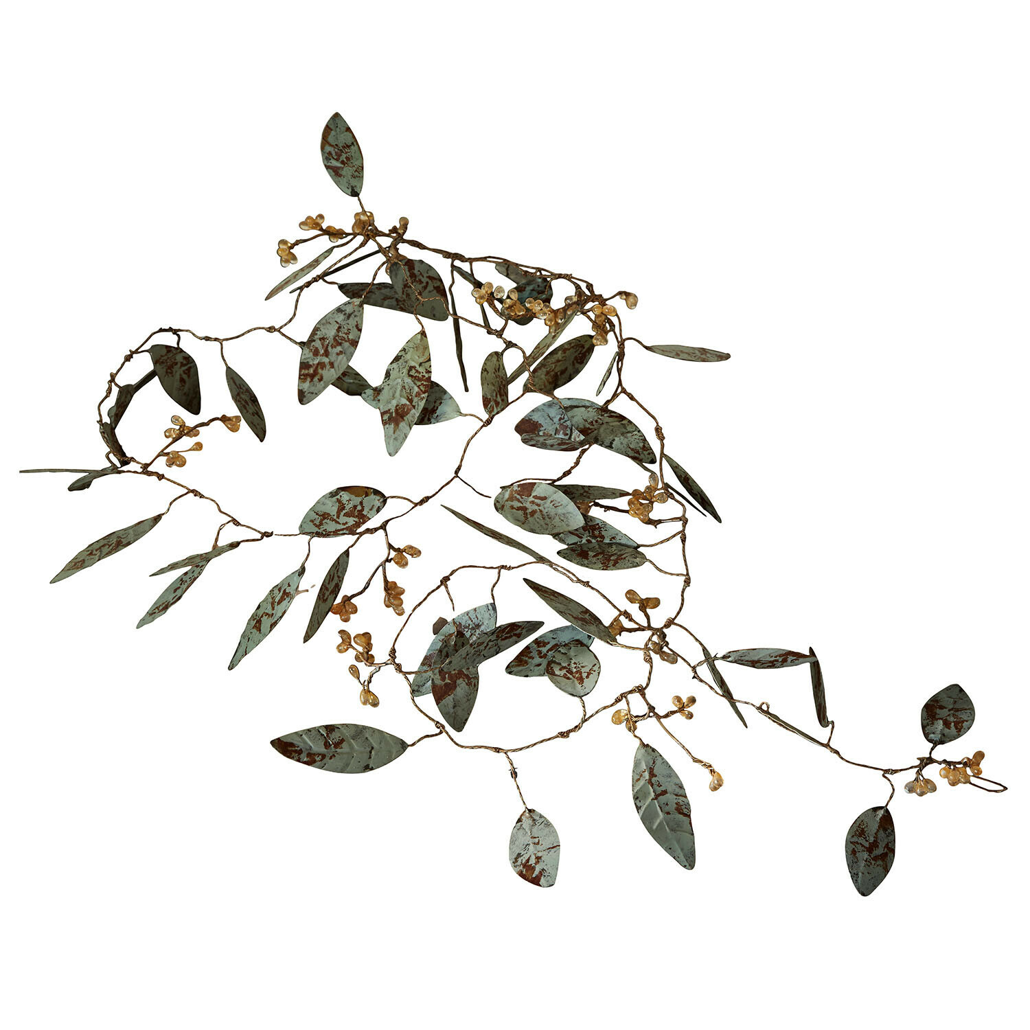 Decoratieve metalen tak met groene bladeren en gouden bessen voor interieurdecoratie