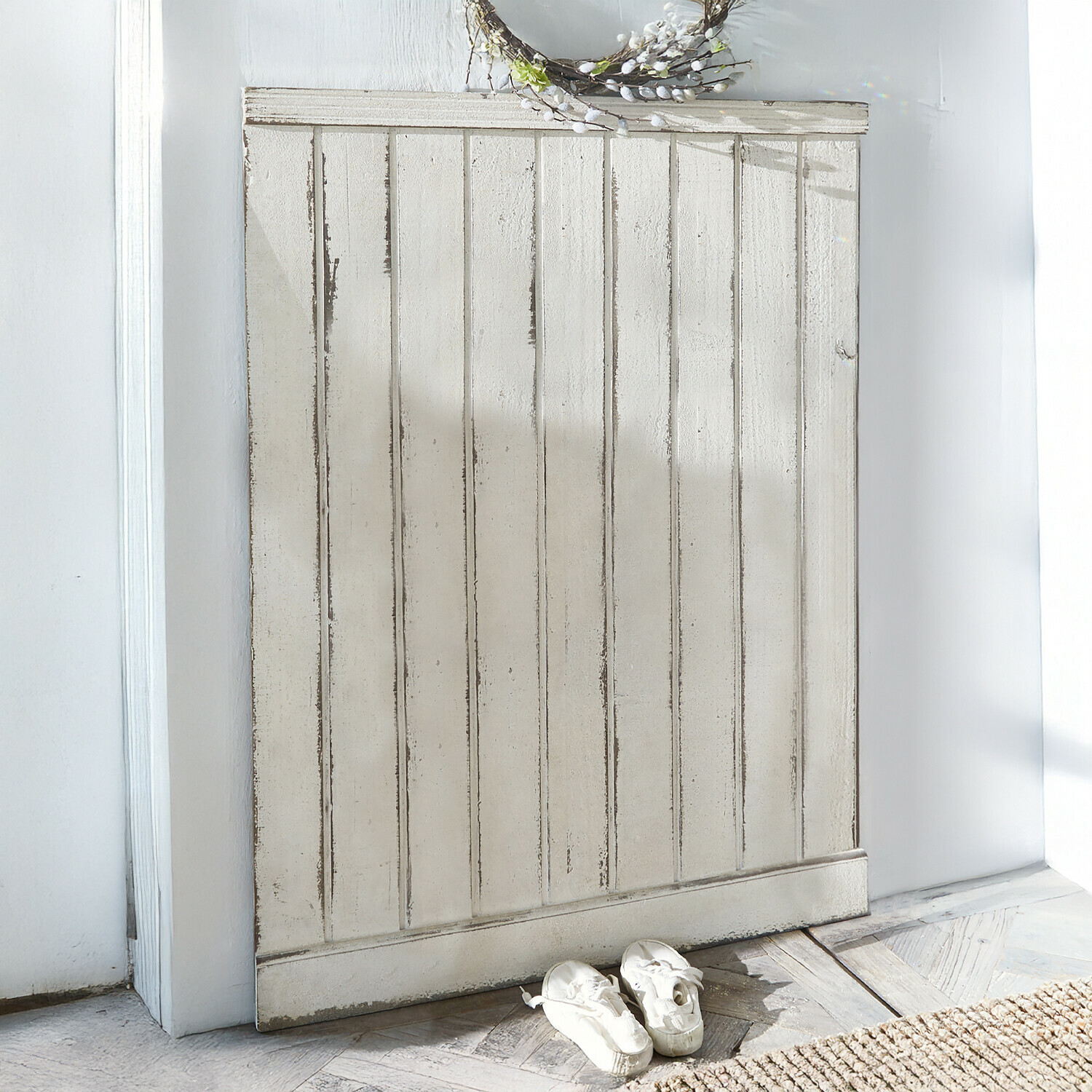 Paneel Lia Wit houten decoratief paneel met verouderde afwerking in vintage stijl voor interieur