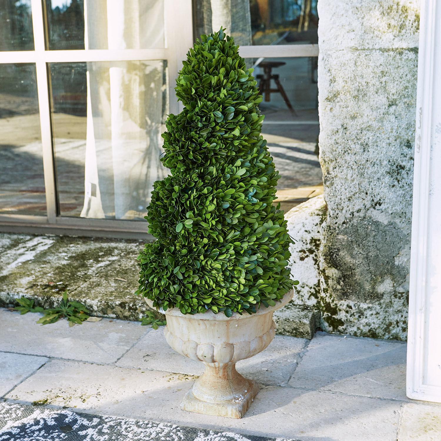 Sierboom Humbria Groene kunstmatige buxus in crème keramische pot op terras, tuindecoratie