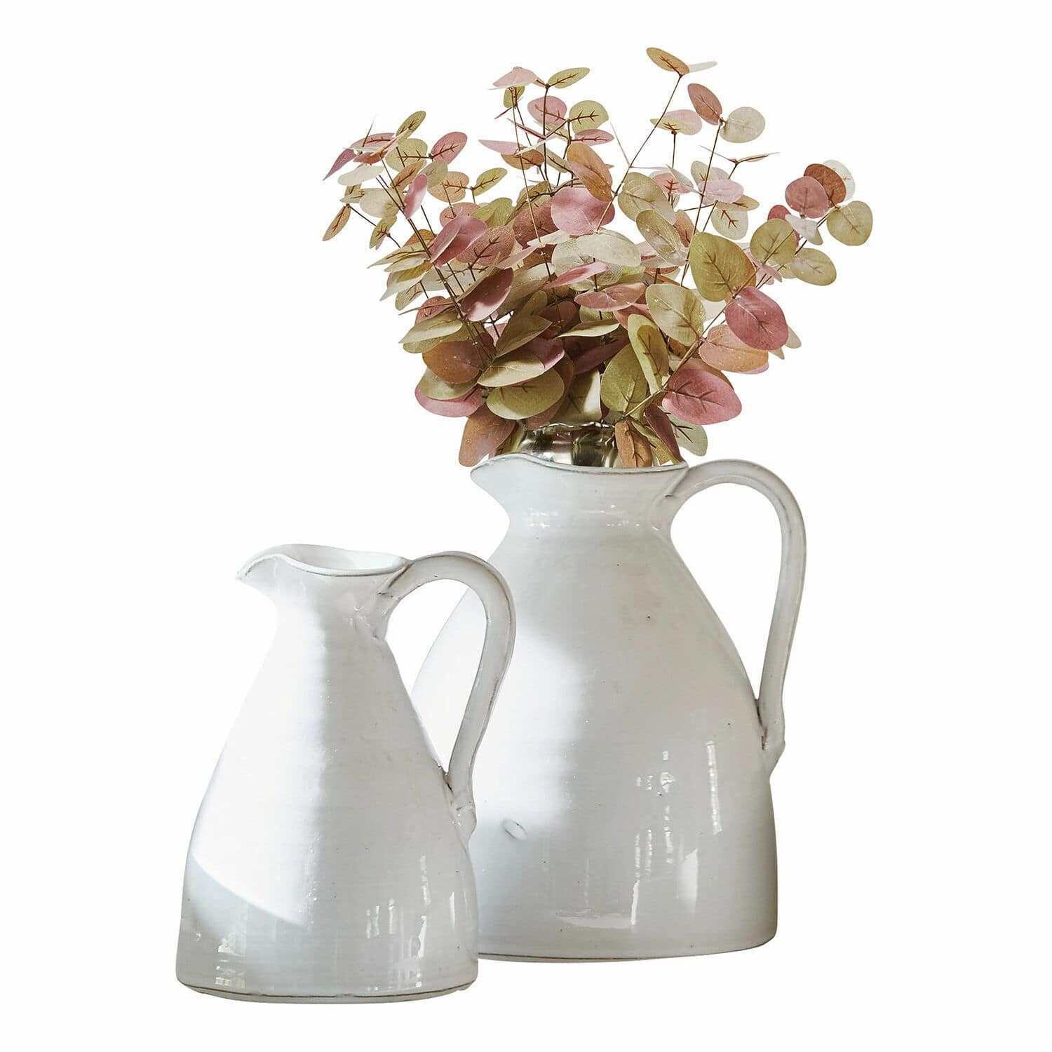 Vaas set van 2 Yarick Set van twee witte keramische kannen met roze-groene bladeren, rustieke decoratiestijl