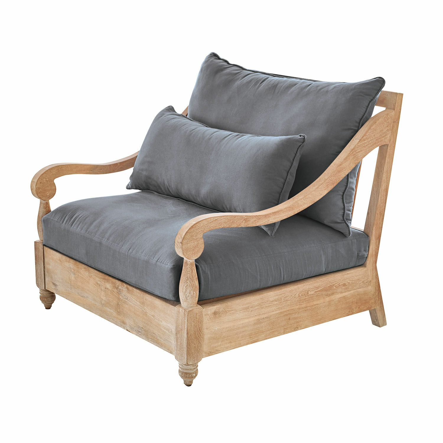 Fauteuil Montcassin Fauteuil van licht hout met grijze stoffen kussens, comfortabele woonkamerstoel