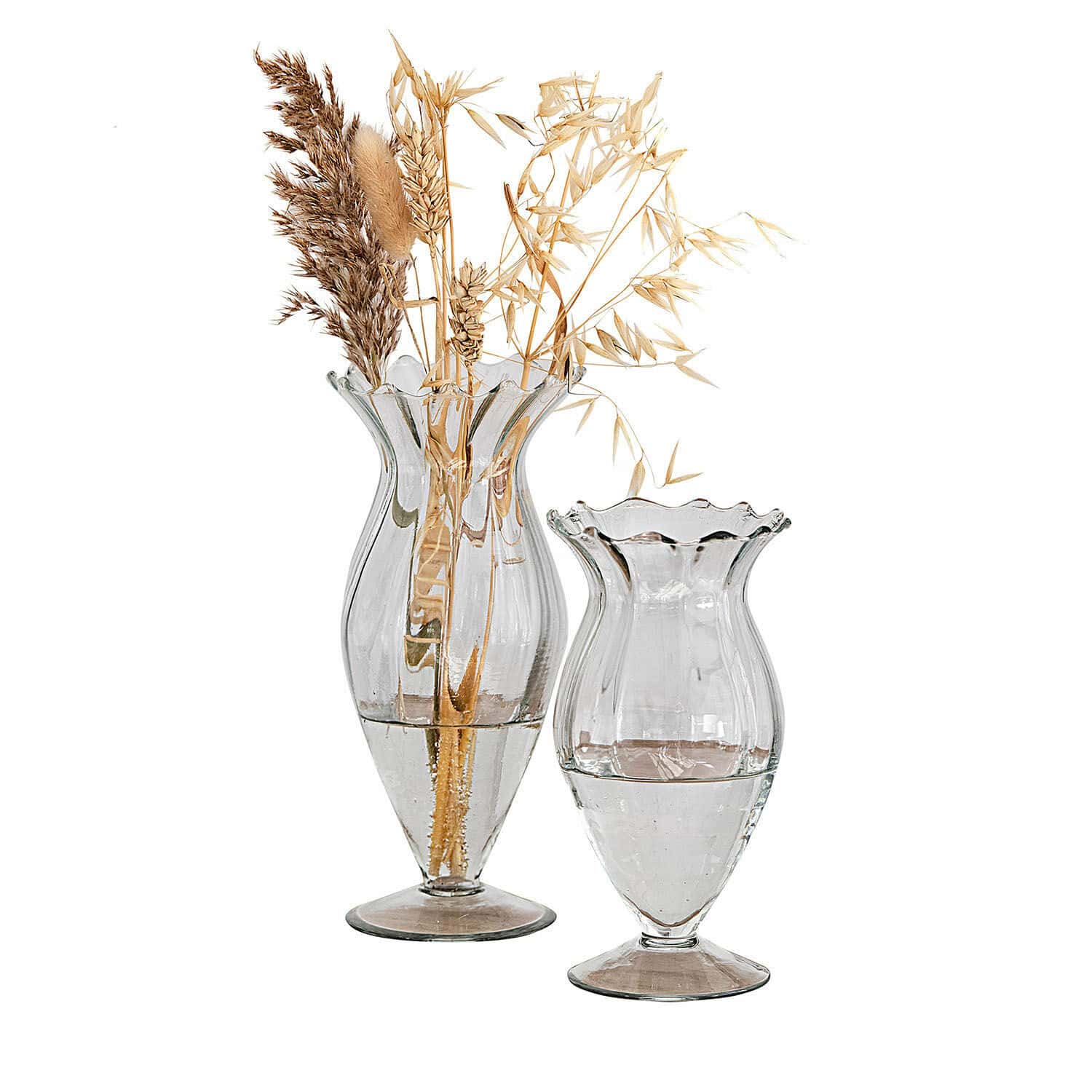 Vaas set van 2 Deniélou Set van twee transparante glazen vazen met golvende rand en decoratieve gedroogde grassen