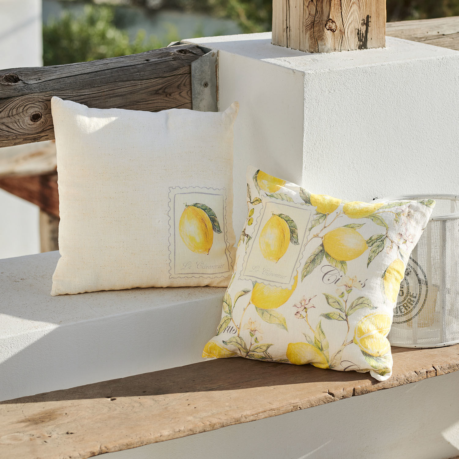 Kussenhoes set van 2 Lantagenet Decoratieve katoenen kussens in crème met citroendessin voor binnen en tuin