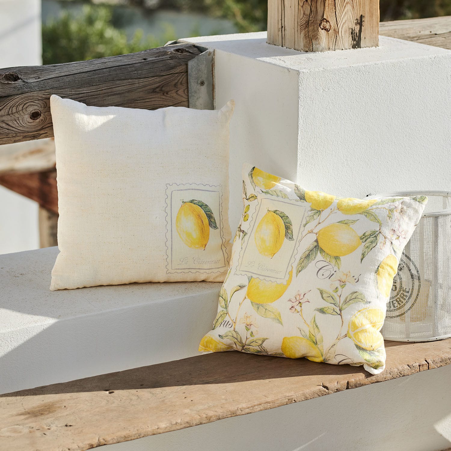 Kussenhoes set van 2 Lantagenet Decoratieve katoenen kussens in crème met citroendessin voor binnen en tuin