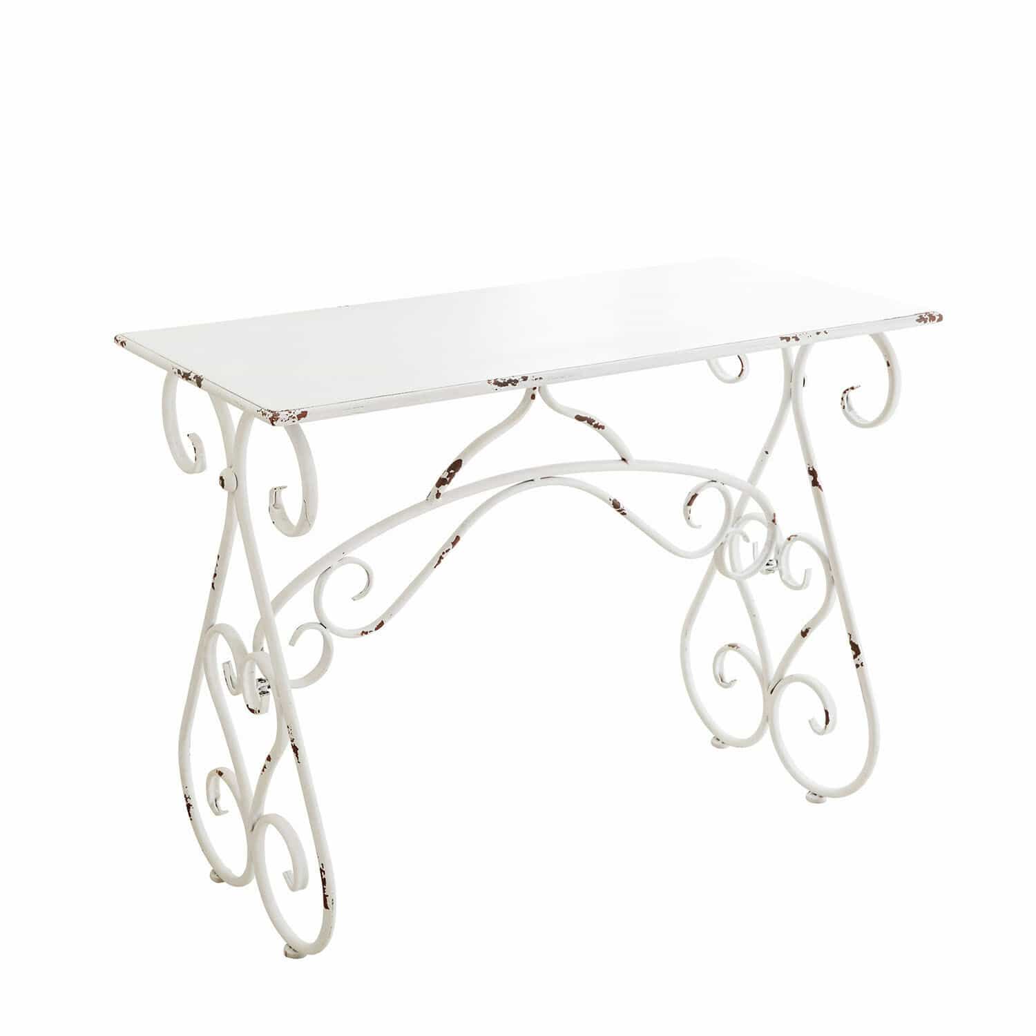 Sidetable Stonem Witte metalen tafel met decoratieve krullen en verouderde afwerking voor binnen en buiten