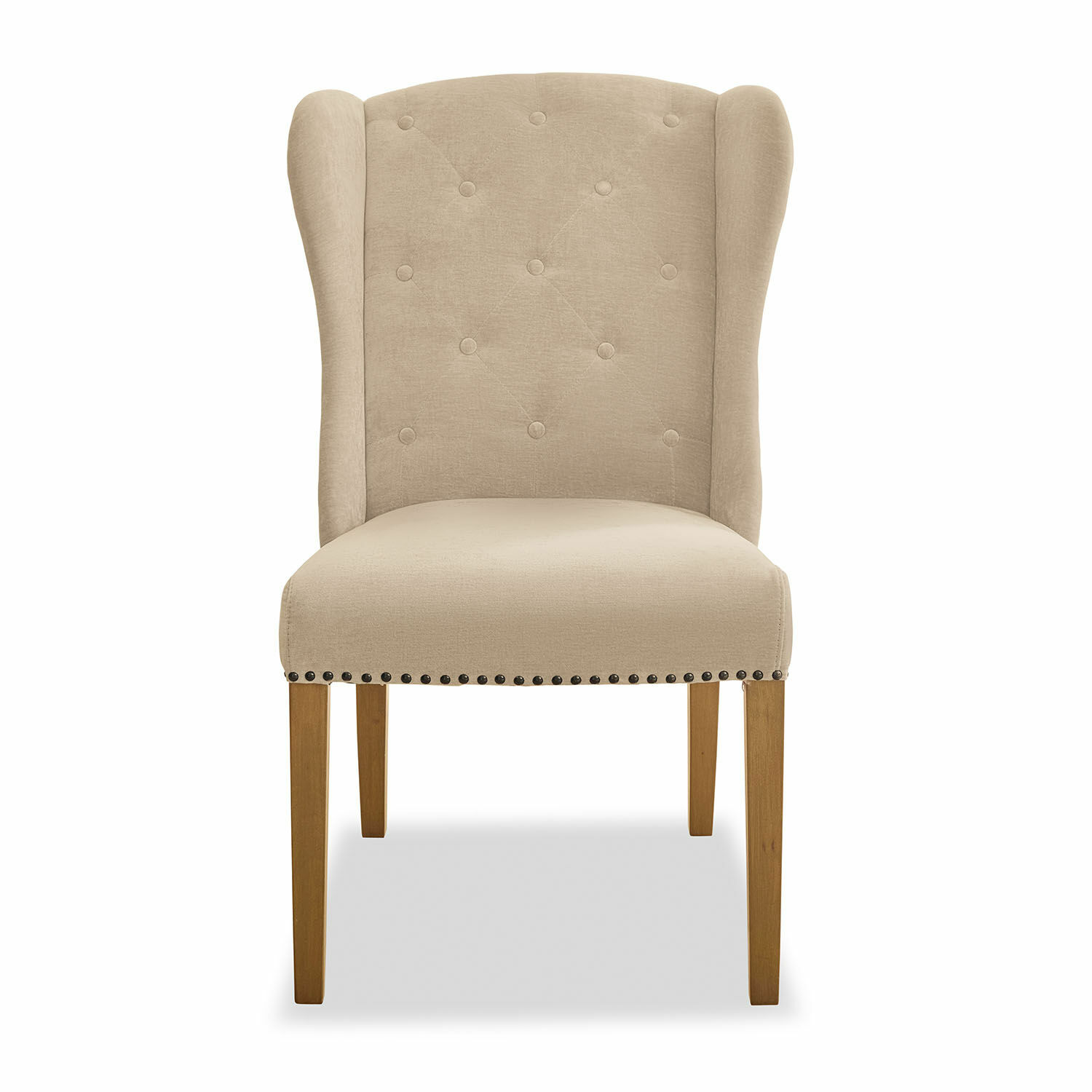 Beige gestoffeerde Remi stoel met houten poten, elegante meubel voor woonkamer en eetkamer