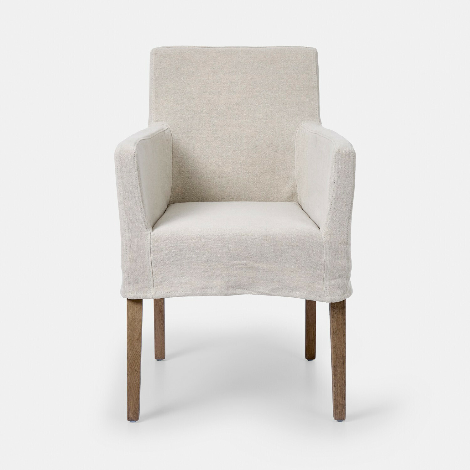 Longhill stoel van beige linnen met houten poten, comfortabel en stijlvol voor woonkamer