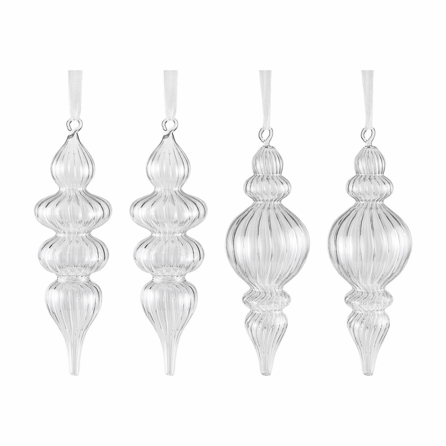 Kerstversiering set van 4 Diorise Set van vier transparante glazen kerstversieringen met witte linten om op te hangen