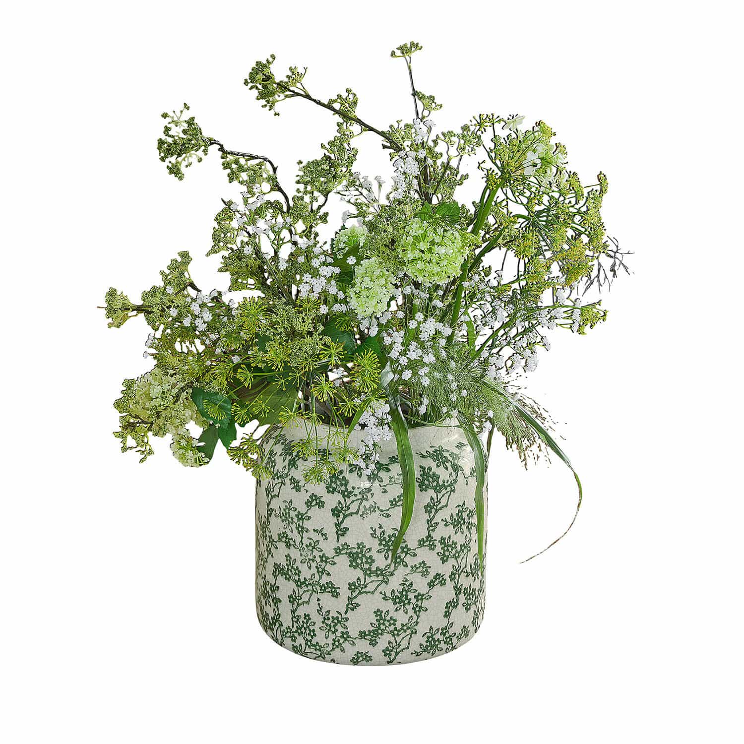 Keramische vaas met groen patroon en decoratief boeket van witte en groene bloemen