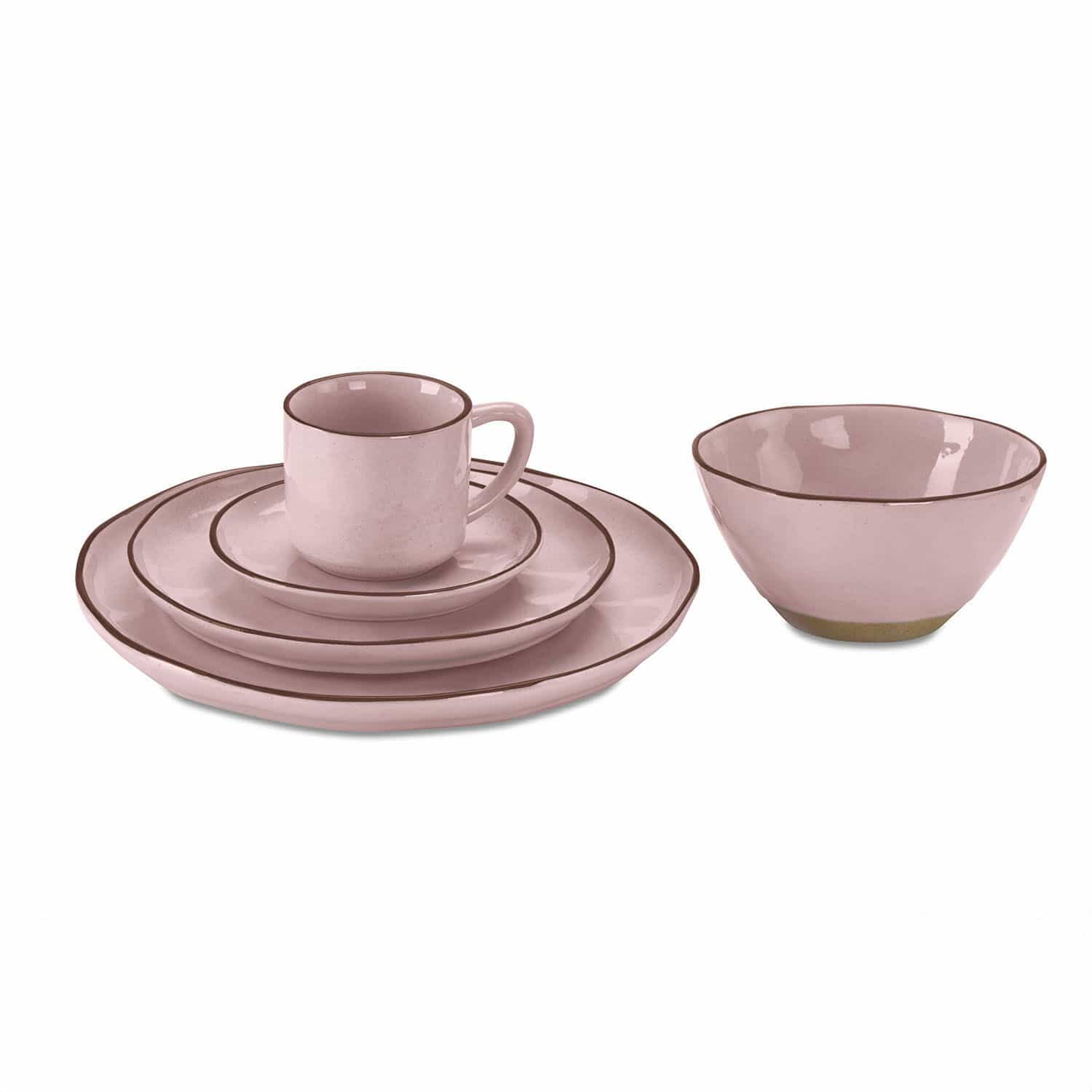 Servies set van 30 Biarré Set roze keramiek met kopje, borden en kom met fijne bruine rand