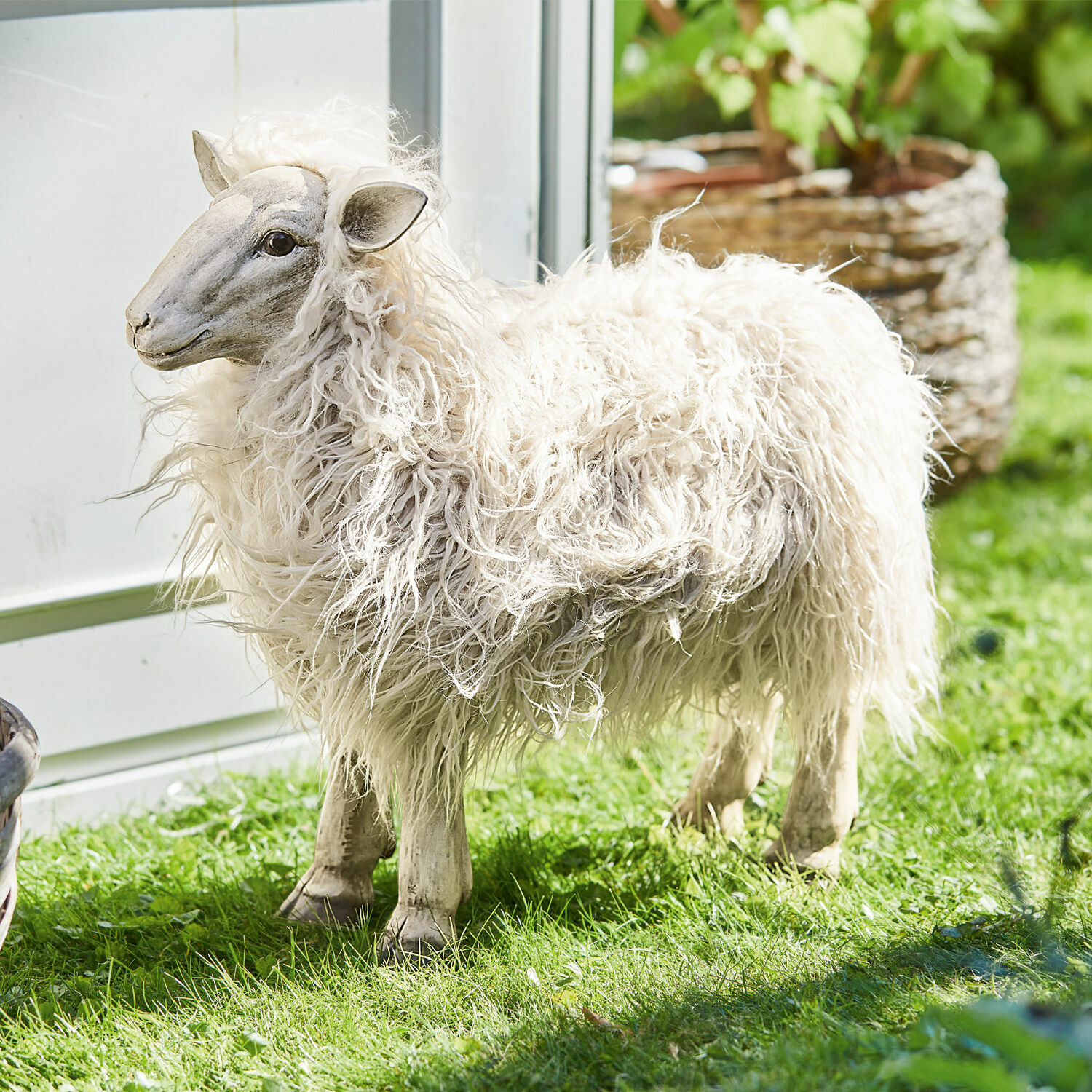 Decoratief schaap Justin Decoratief schaapfiguur met witte, krullende vacht op groen gras voor tuin