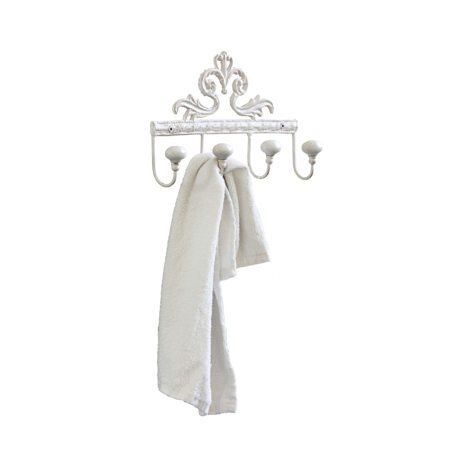 Lijst met haken Cher Witte metalen wandhaak met vijf haken en decoratief patroon, geschikt voor badkamer