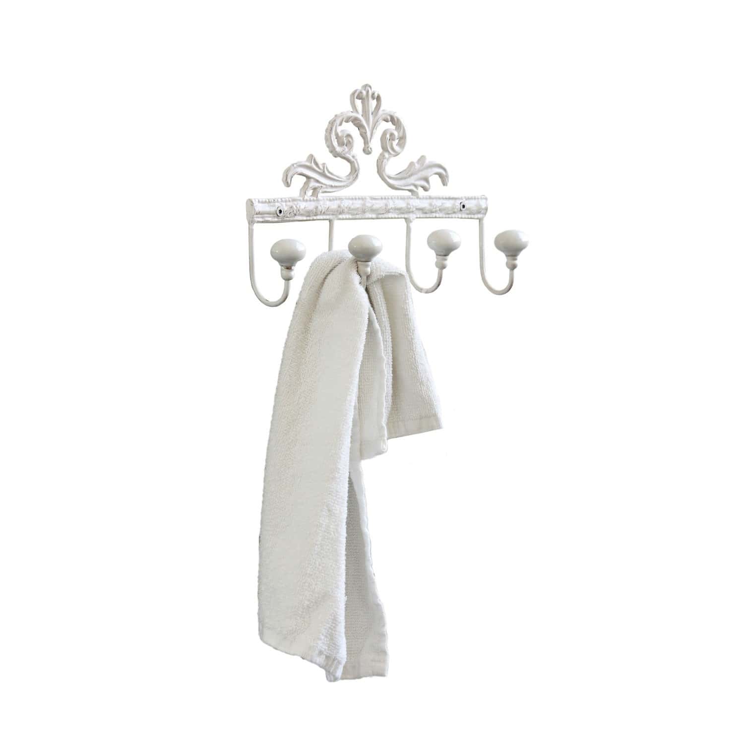 Lijst met haken Cher Witte metalen wandhaak met vijf haken en decoratief patroon, geschikt voor badkamer