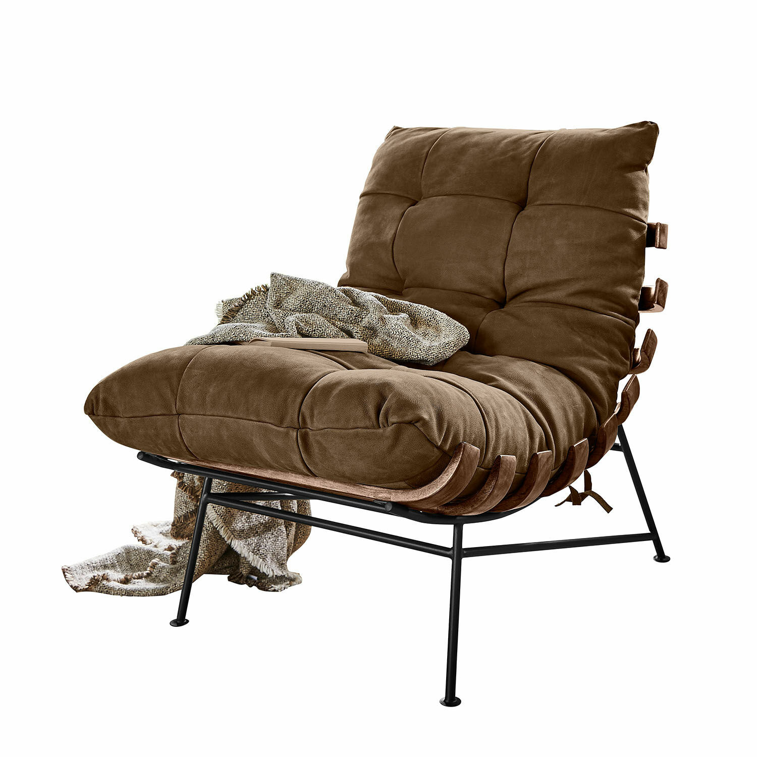 Fauteuil Horraine Bruine stoel met zachte bekleding en metalen frame, perfect voor een modern interieur