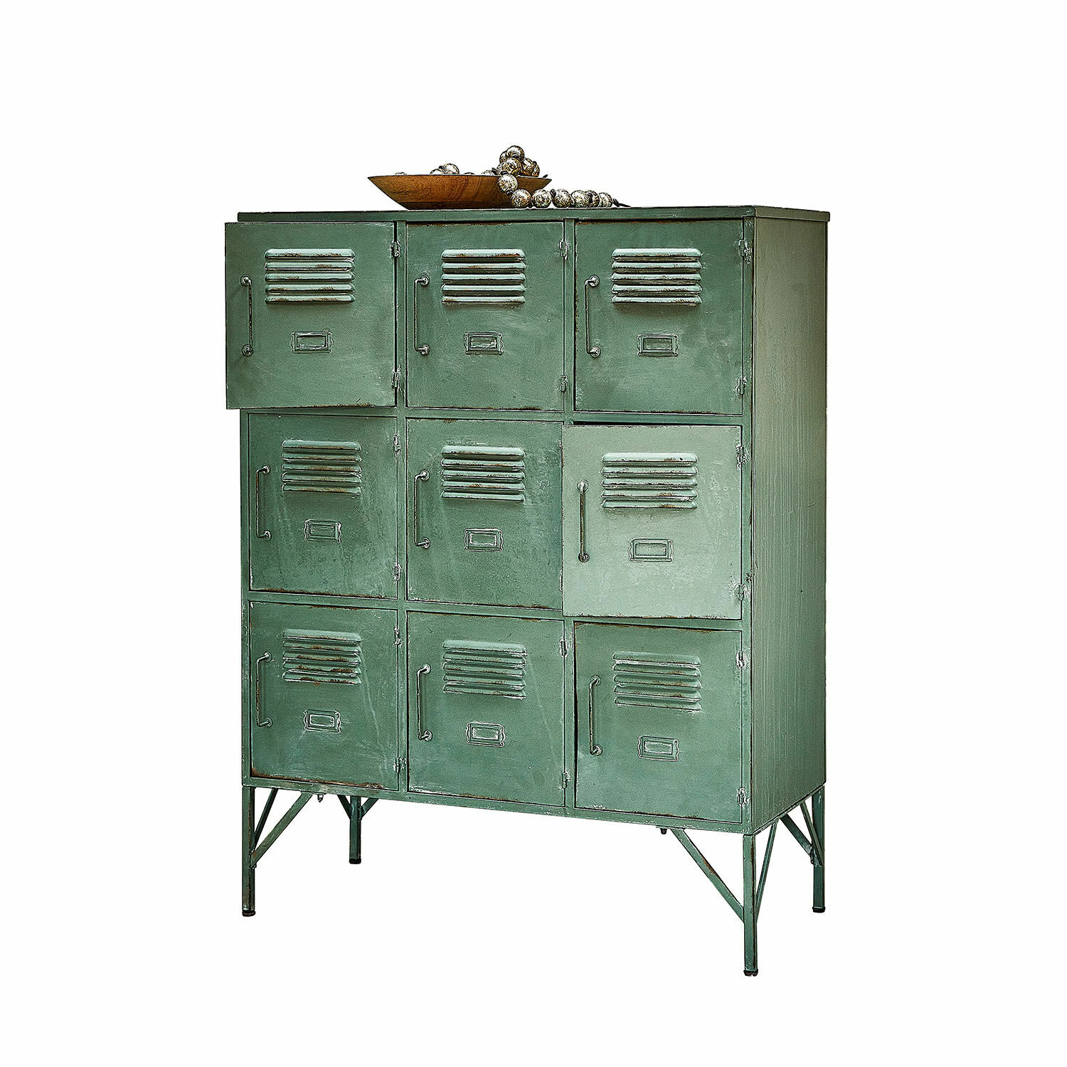Kastje Urillac Groene metalen kast in vintage stijl met negen deuren voor praktische opbergruimte