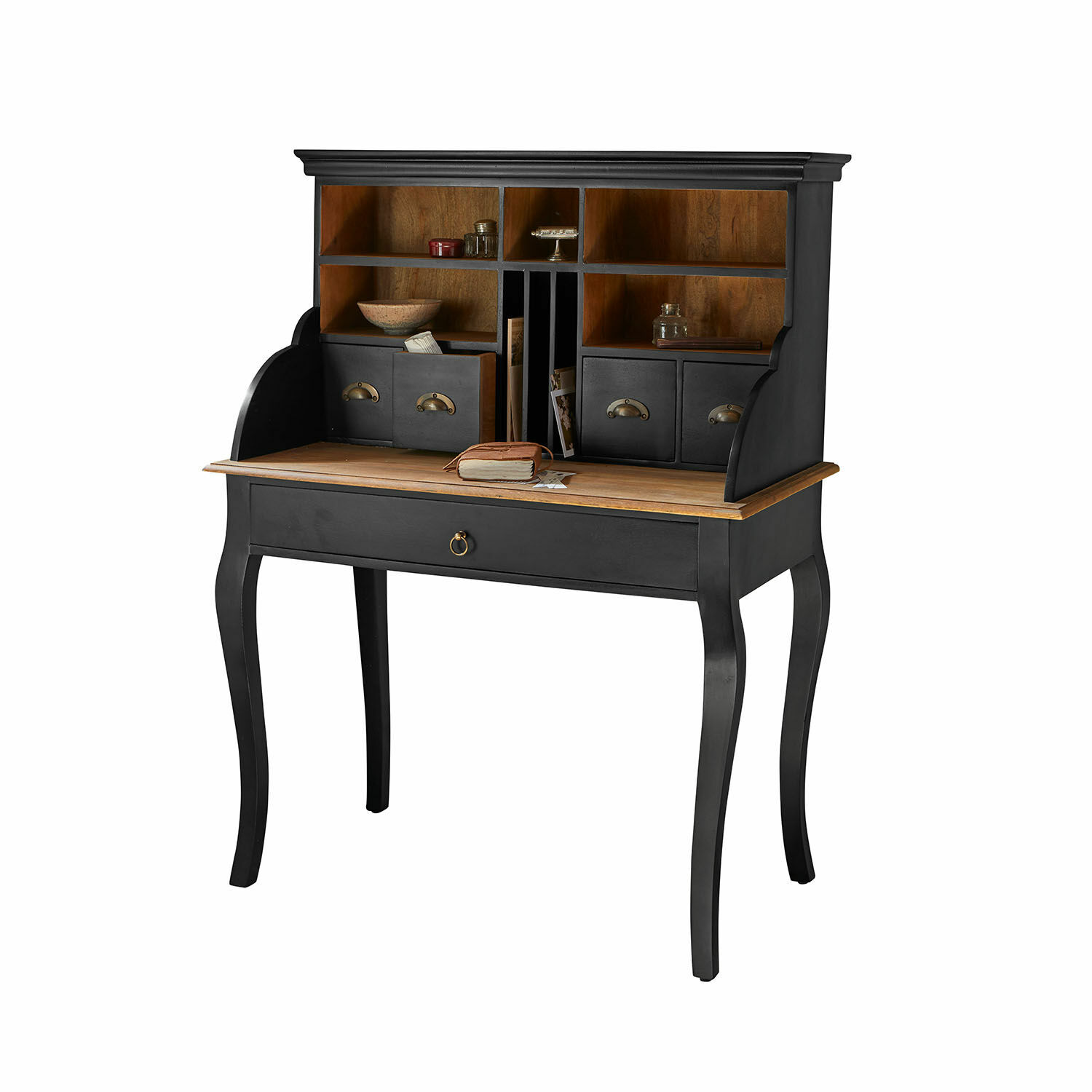 Sekretaris Orival van zwart hout met natuurlijk blad en laden voor documentopslag