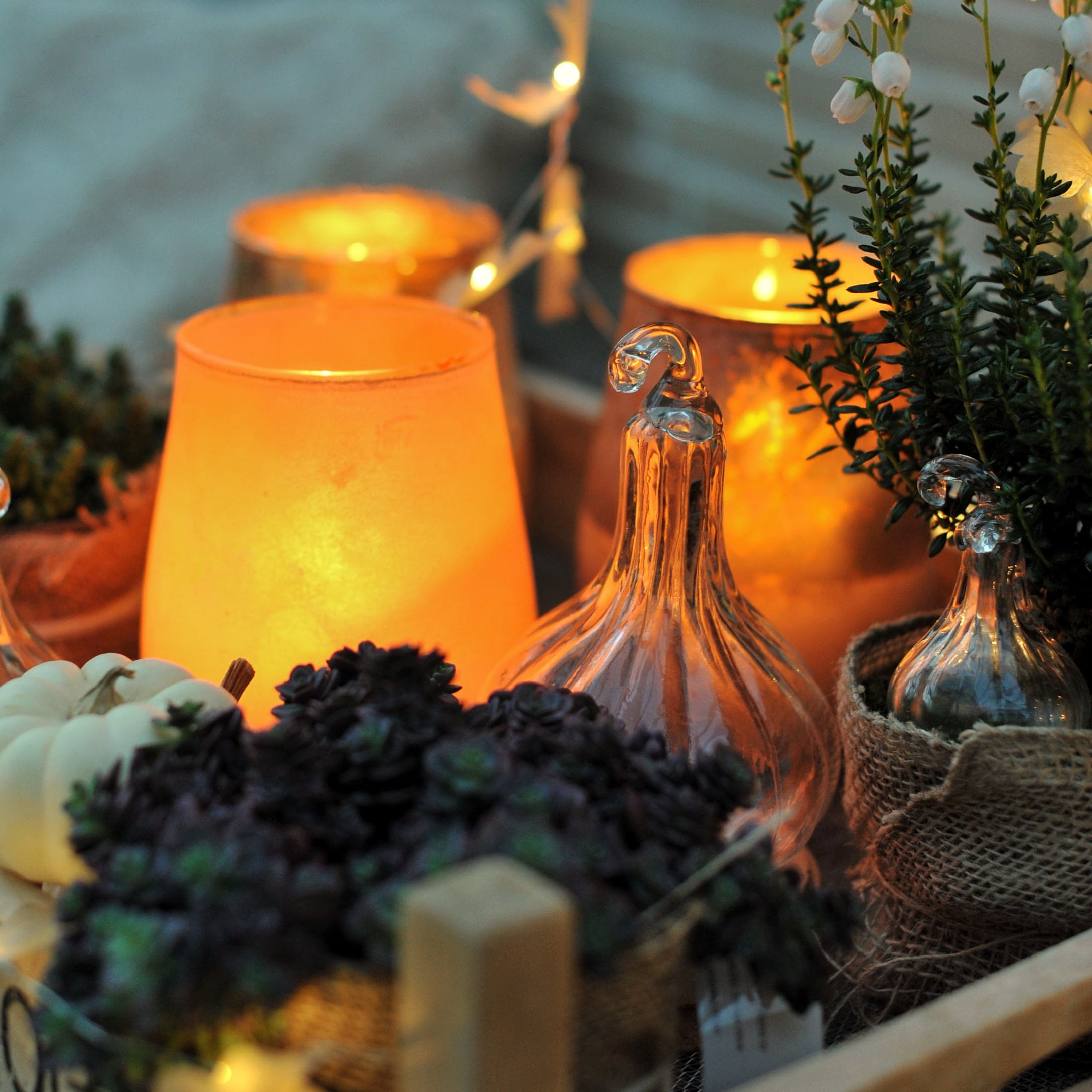 Herfstdecoratie met glazen pompoenen, oranje kaarsen en planten voor een gezellige sfeer.