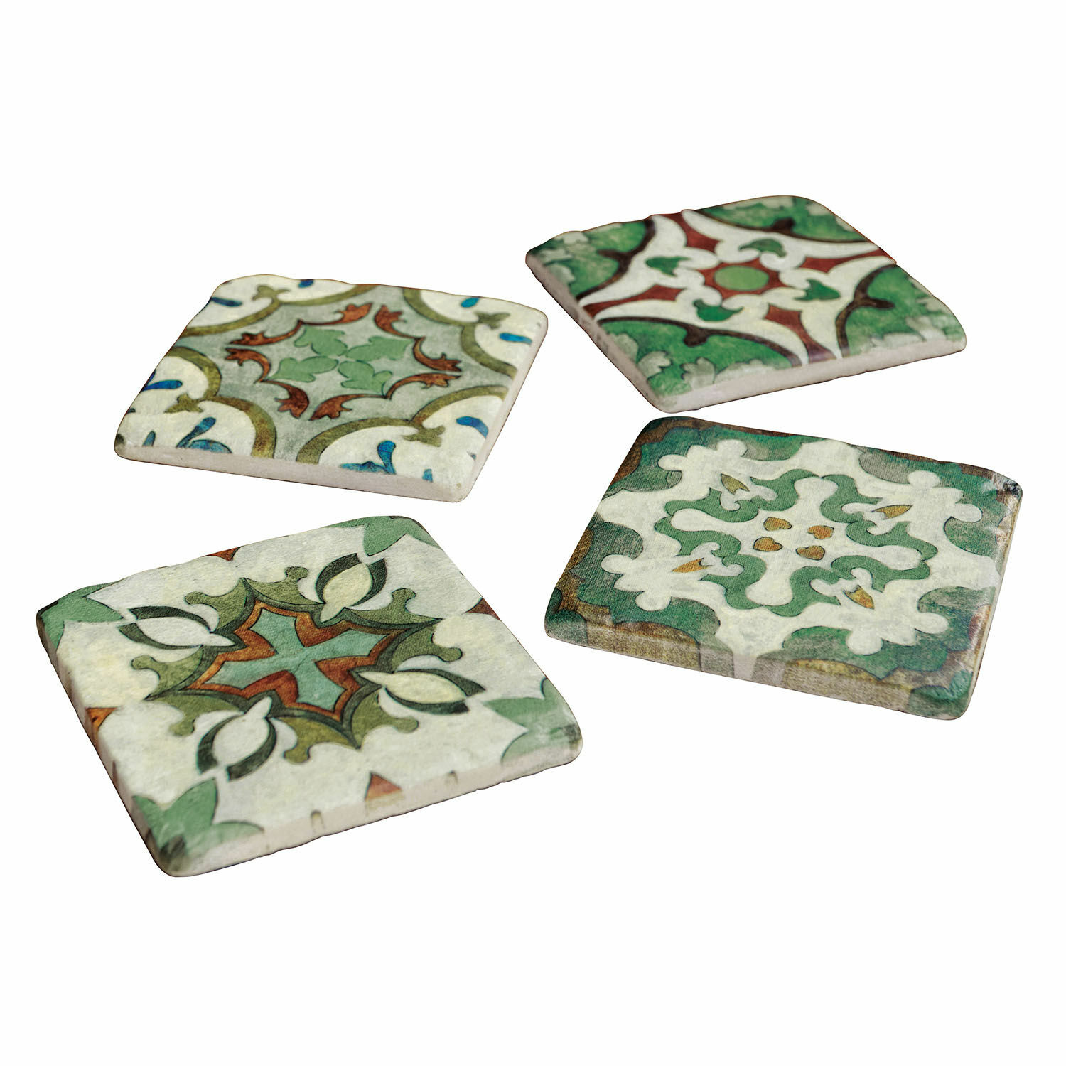 Onderzetter set van 4 Angeot Set van vier keramische onderzetters met groene en rode patronen, decoratieve woonaccessoires