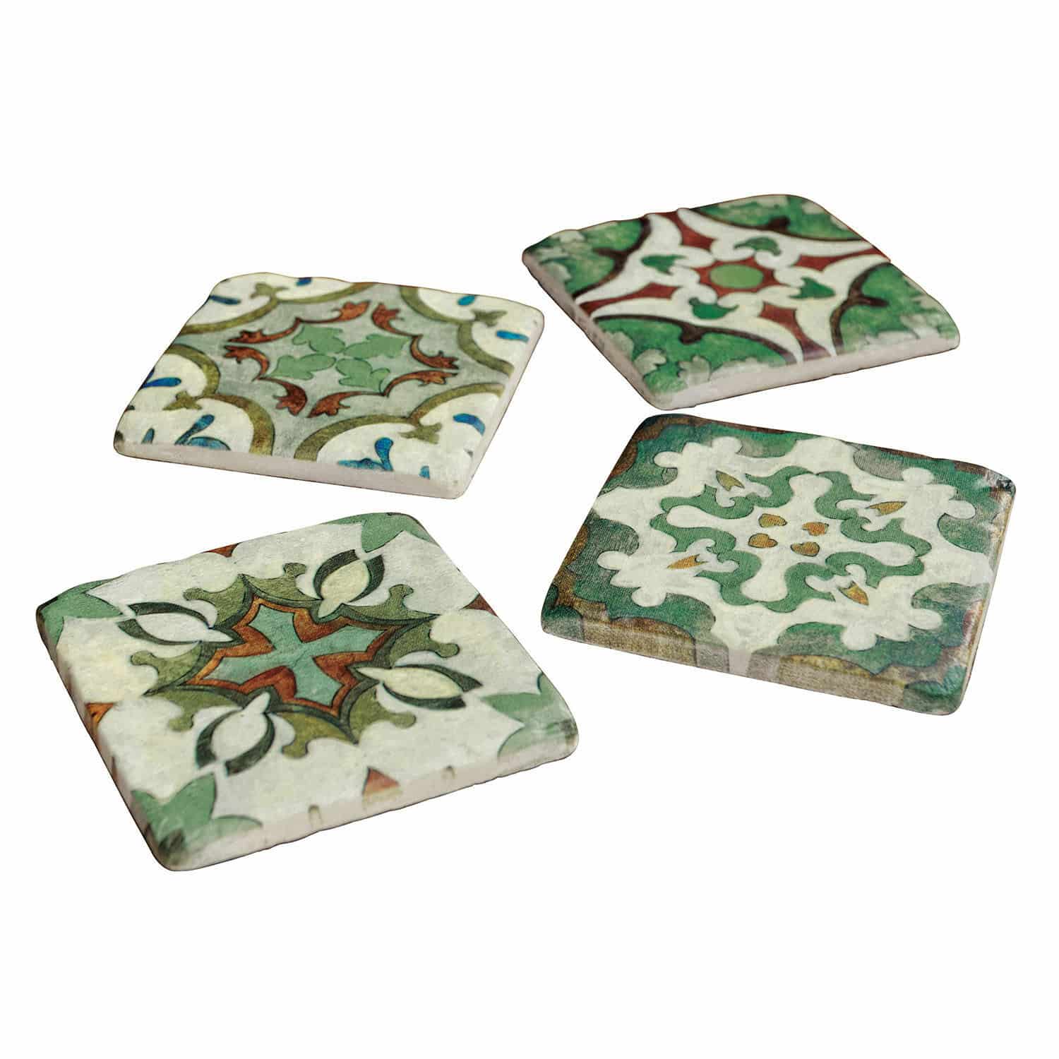Onderzetter set van 4 Angeot Set van vier keramische onderzetters met groene en rode patronen, decoratieve woonaccessoires