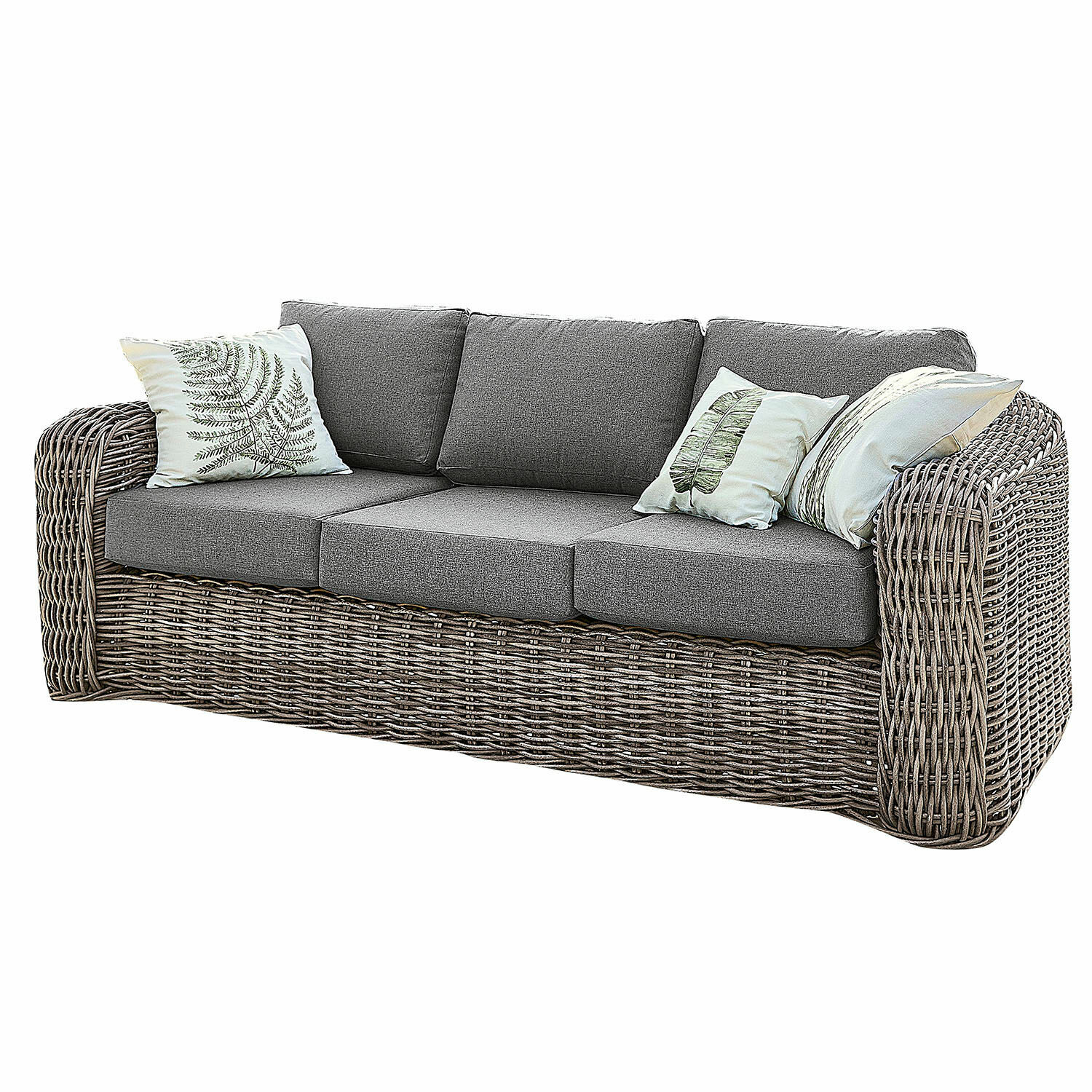 Bank Upminster Rotan bank met grijze kussens en decoratieve kussens met bladmotief, comfortabele zitmeubel
