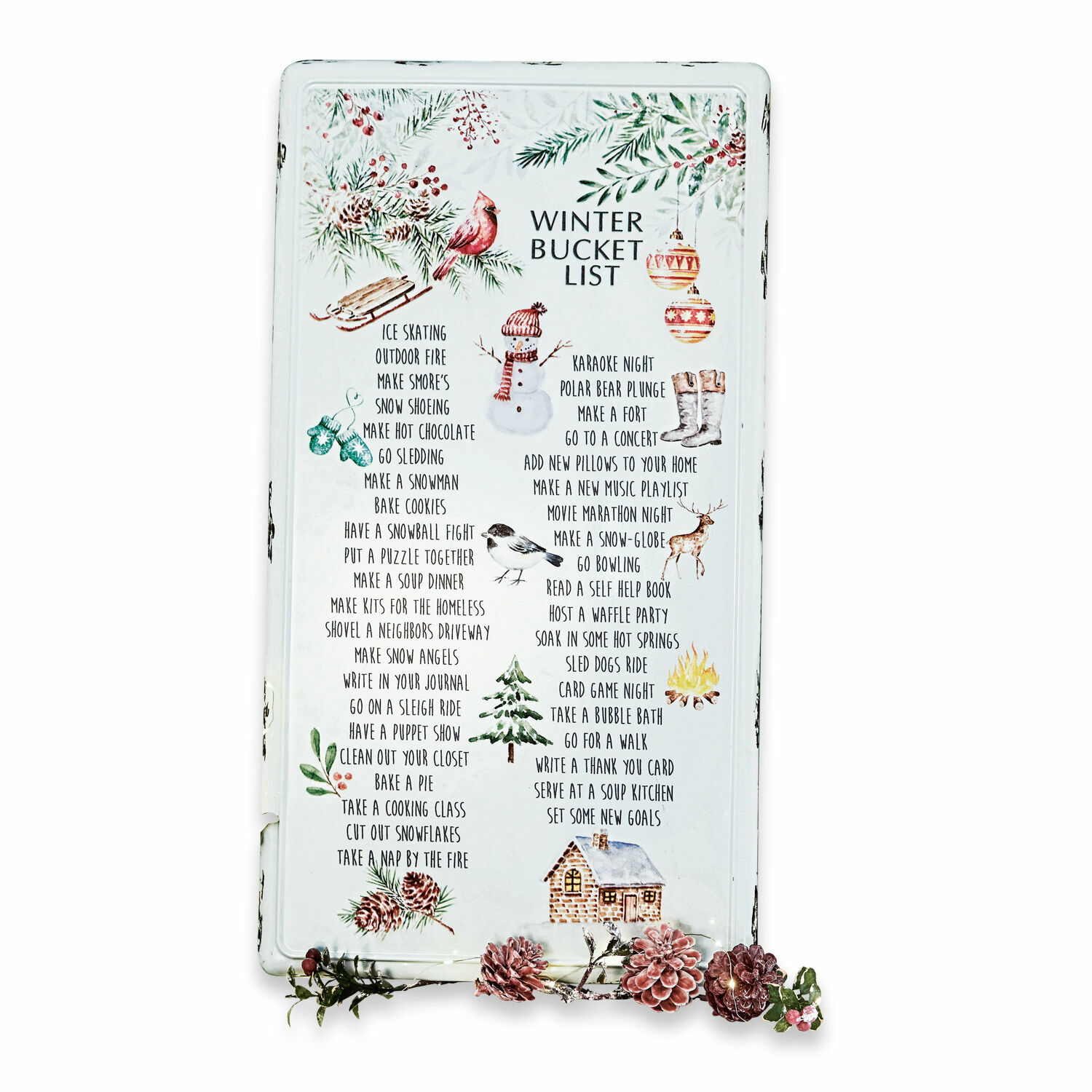 Decoboard List Witte metalen bord met winter bucketlist en decoraties van dennenappels en vogels