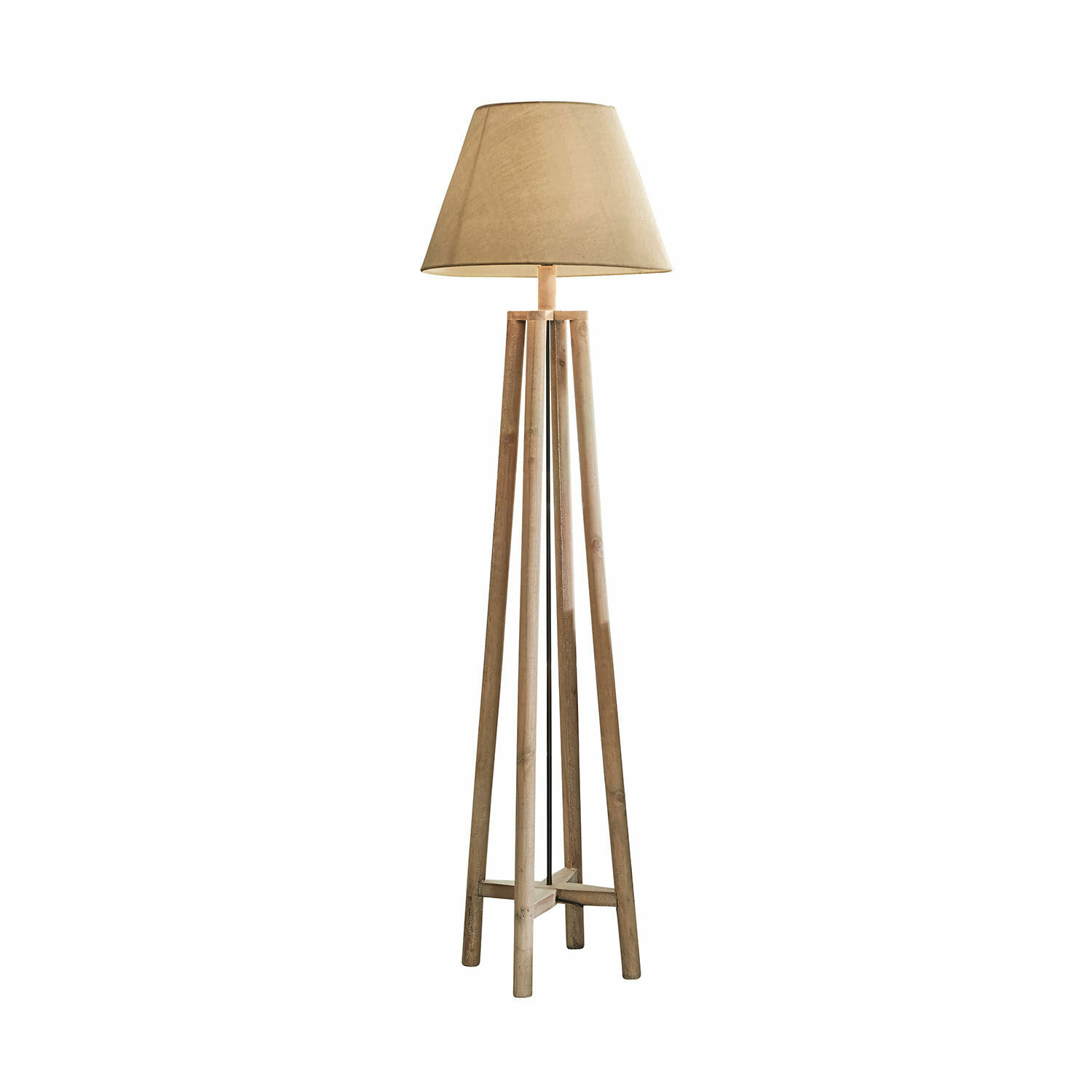 Staande lamp Edgewood Vloerlamp met houten voet en beige kap, natuurlijke stijl voor sfeervolle woonkamer