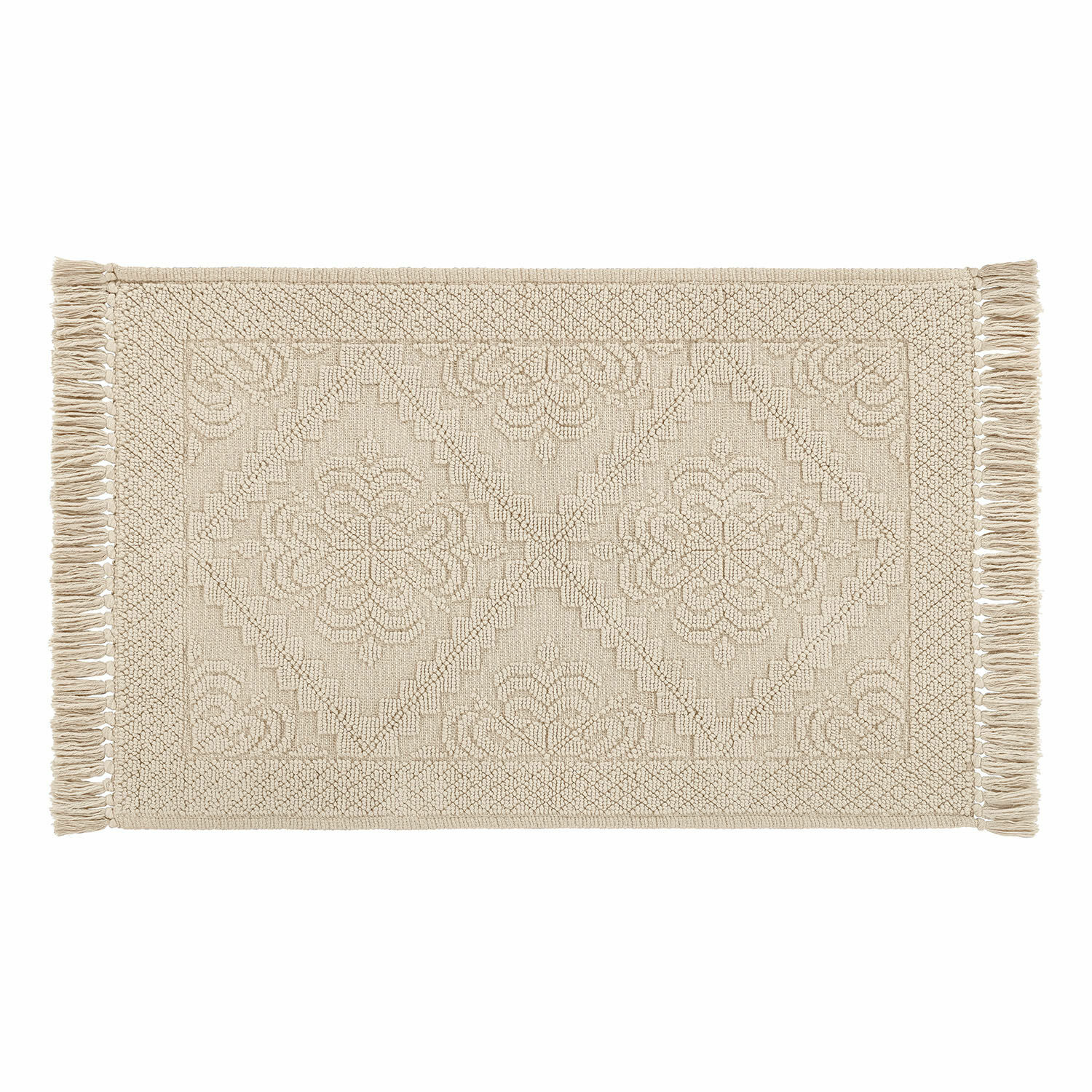 Badmat Mivorex Beige katoenen vloerkleed met franjes en geometrisch patroon, stijlvolle woondecoratie