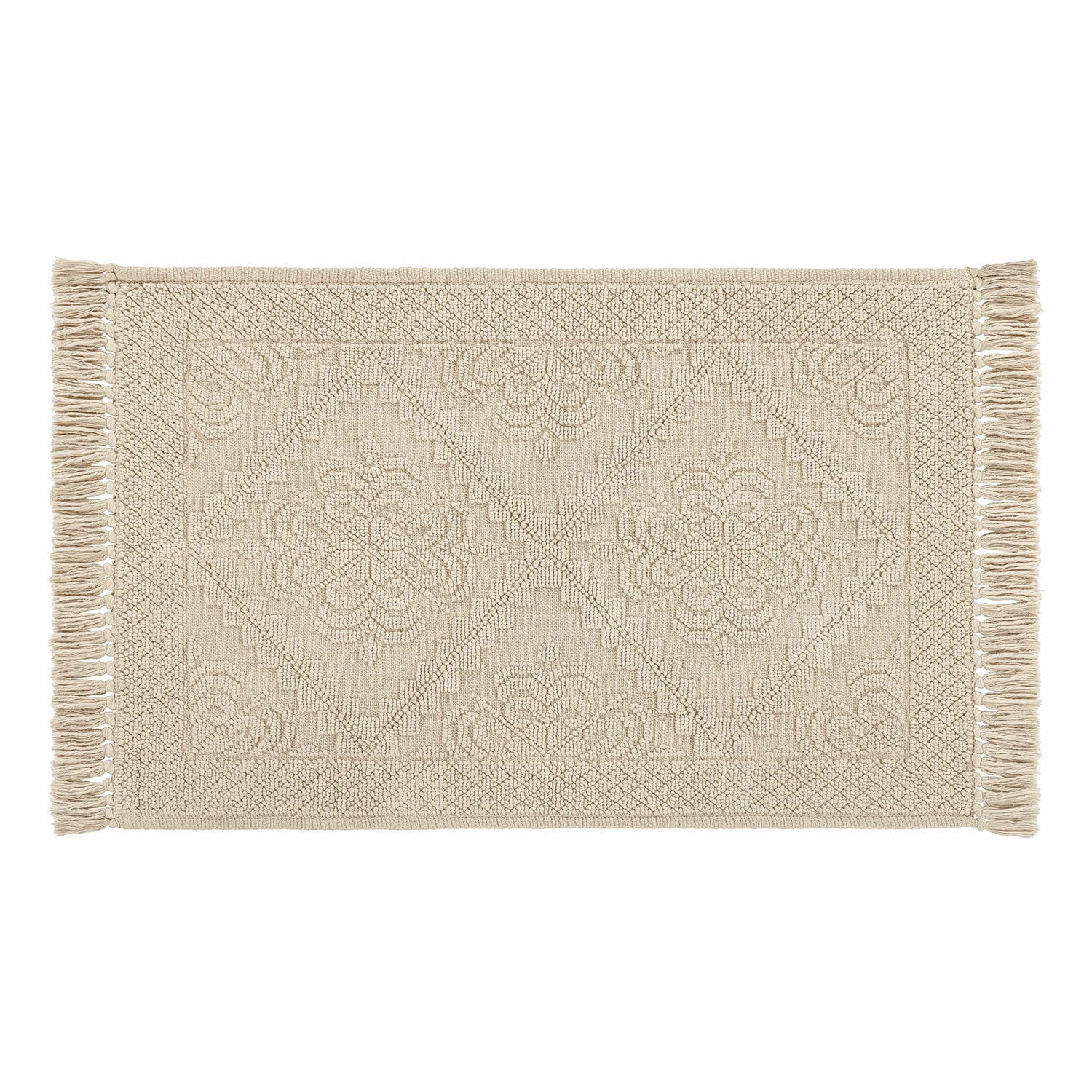Badmat Mivorex Beige katoenen vloerkleed met franjes en geometrisch patroon, stijlvolle woondecoratie