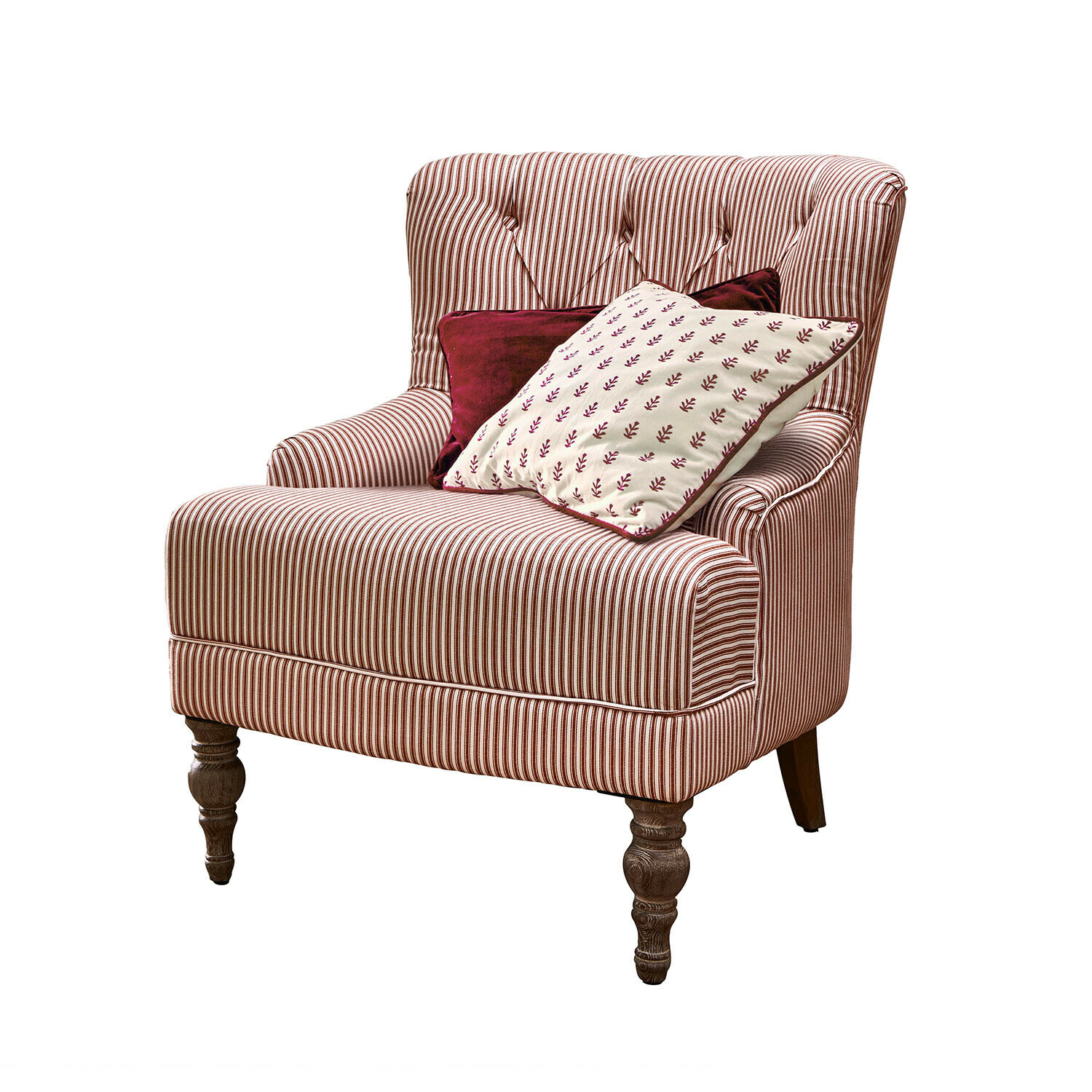 Fauteuil Amuran Gestreepte fauteuil van rood-witte stof met houten poten en twee decoratieve kussens