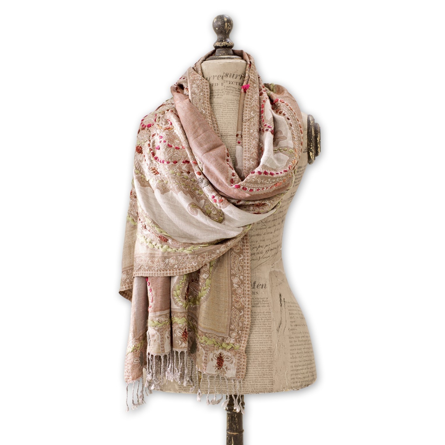 Sjaal Linou Beige sjaal met paisley patroon en franjes, zachte stof, modieuze accessoire