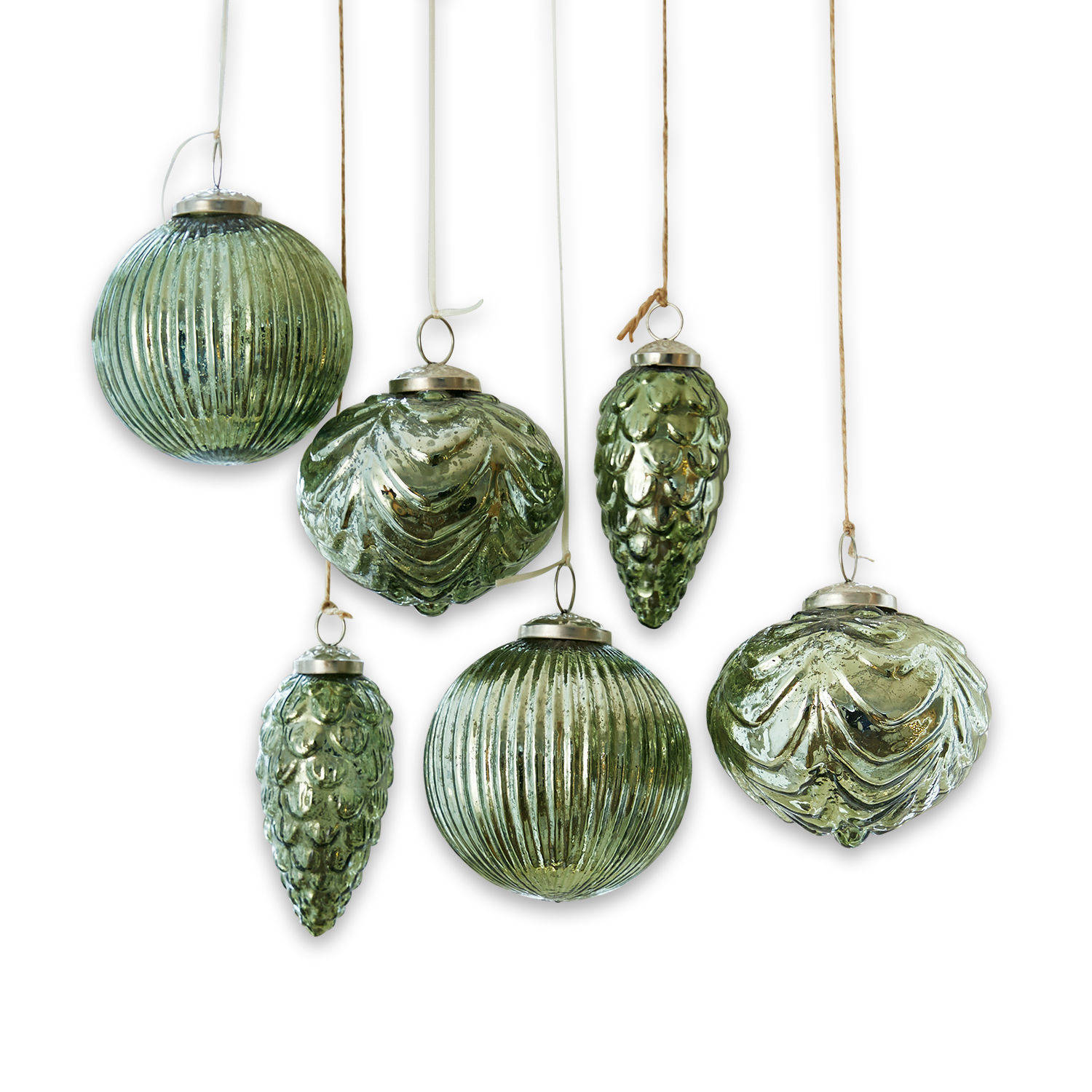 Kerstversiering set van 6 Silverhill Set van zes groene glazen kerstversieringen in verschillende vormen en texturen