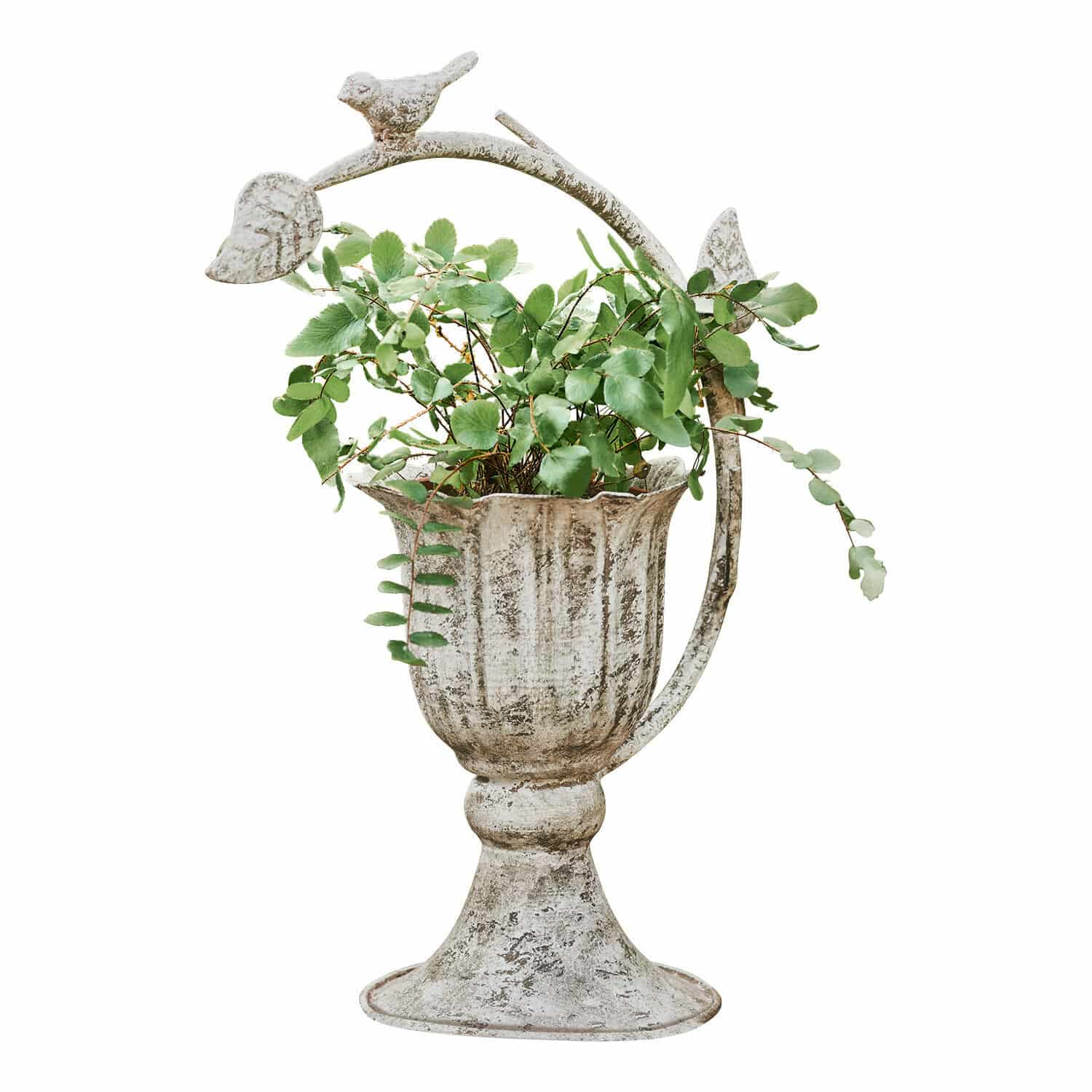 Bloempot Laria Decoratieve metalen vaas in verweerd wit met groene bladeren en metalen vogelornamenten