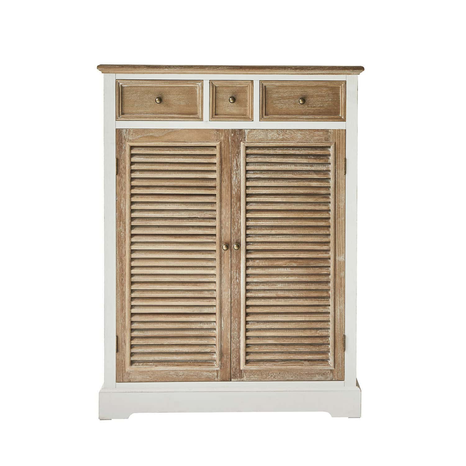 Lage kast Lourmante Houten dressoir met wit frame, drie lades en lamellen deuren in natuurlijke kleur