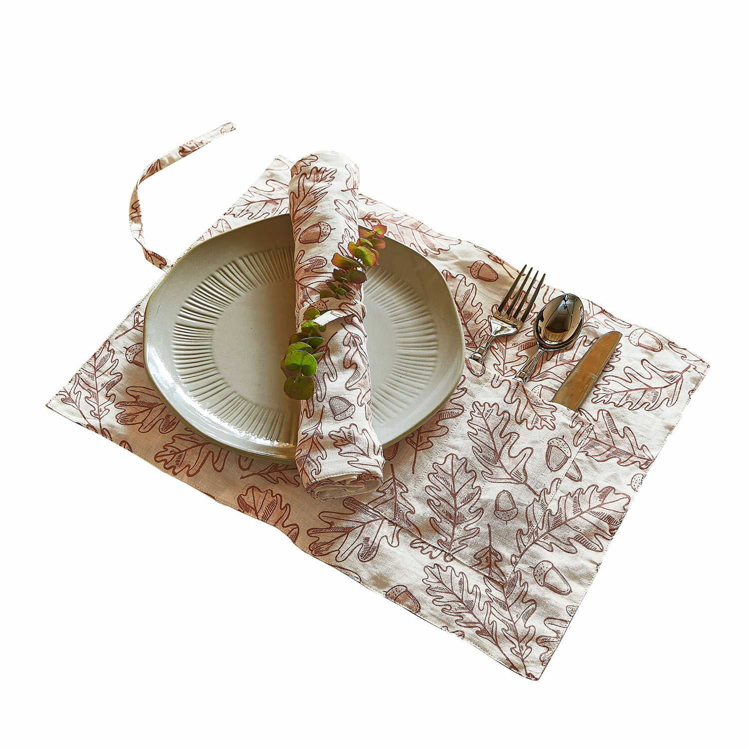 Placemat set van 2 Qubinal Linnen tafeldecoratie met eikenbladmotief en bestek in natuurlijke kleuren