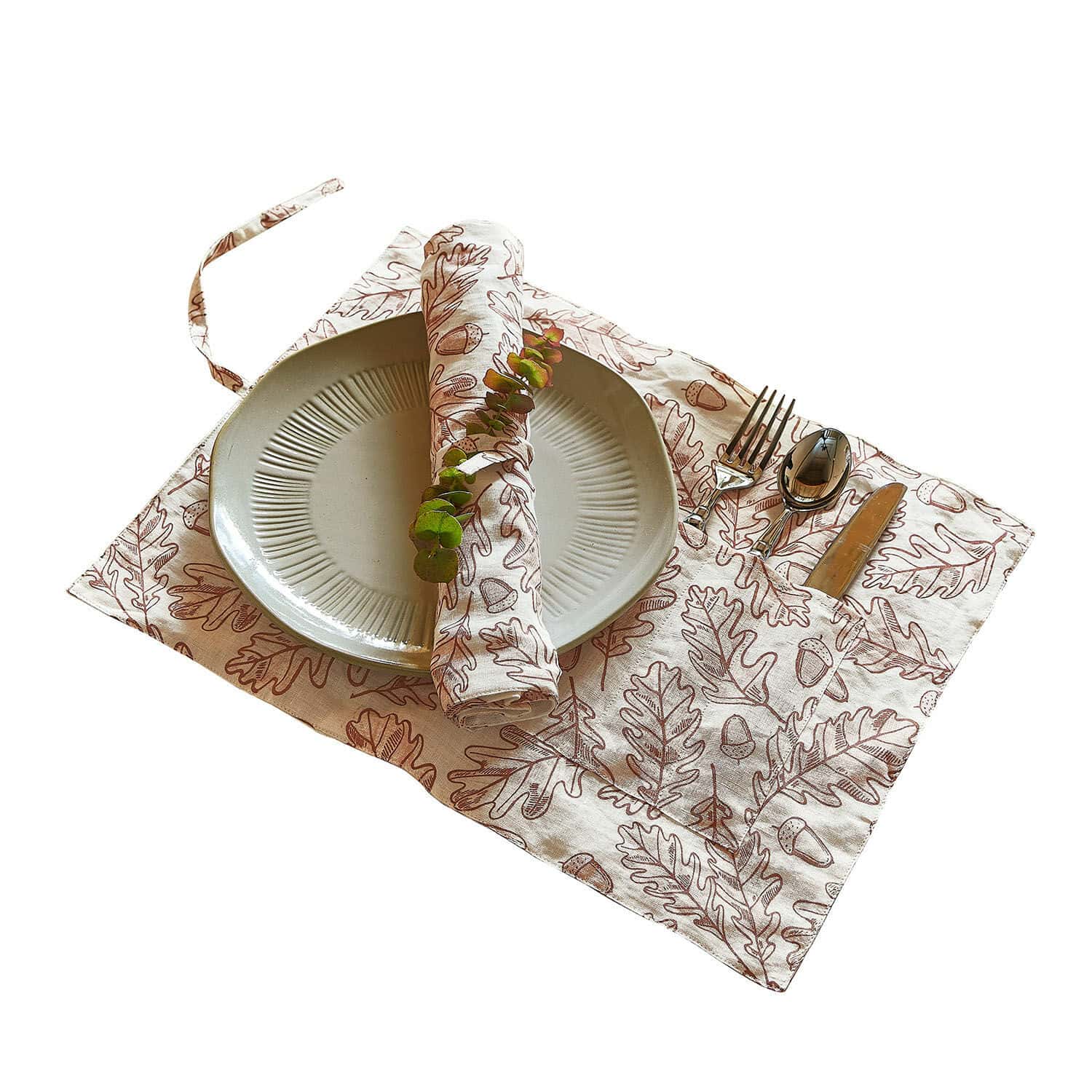 Placemat set van 2 Qubinal Linnen tafeldecoratie met eikenbladmotief en bestek in natuurlijke kleuren
