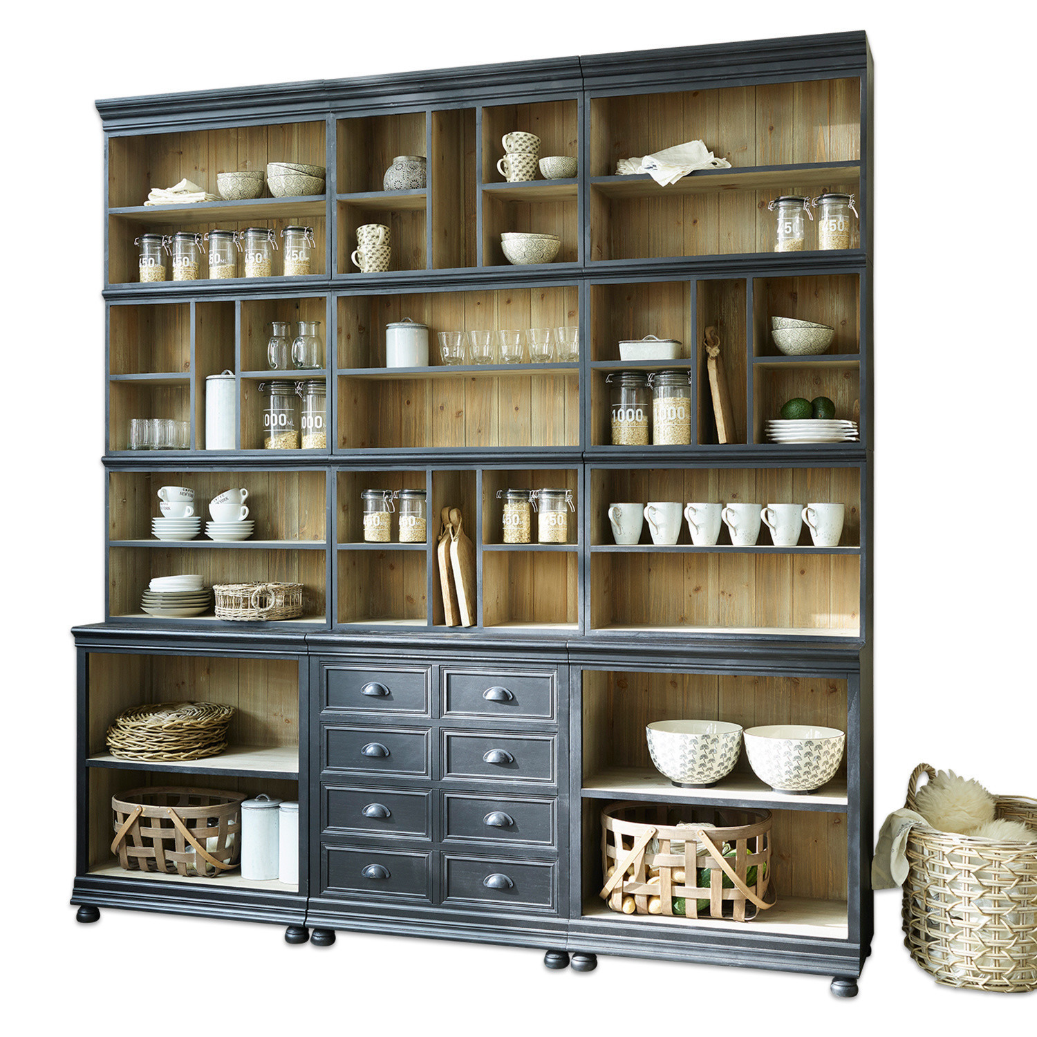 Kast Shrewsbury Grote houten kast in grijs en naturel met lades en planken voor keukenopslag