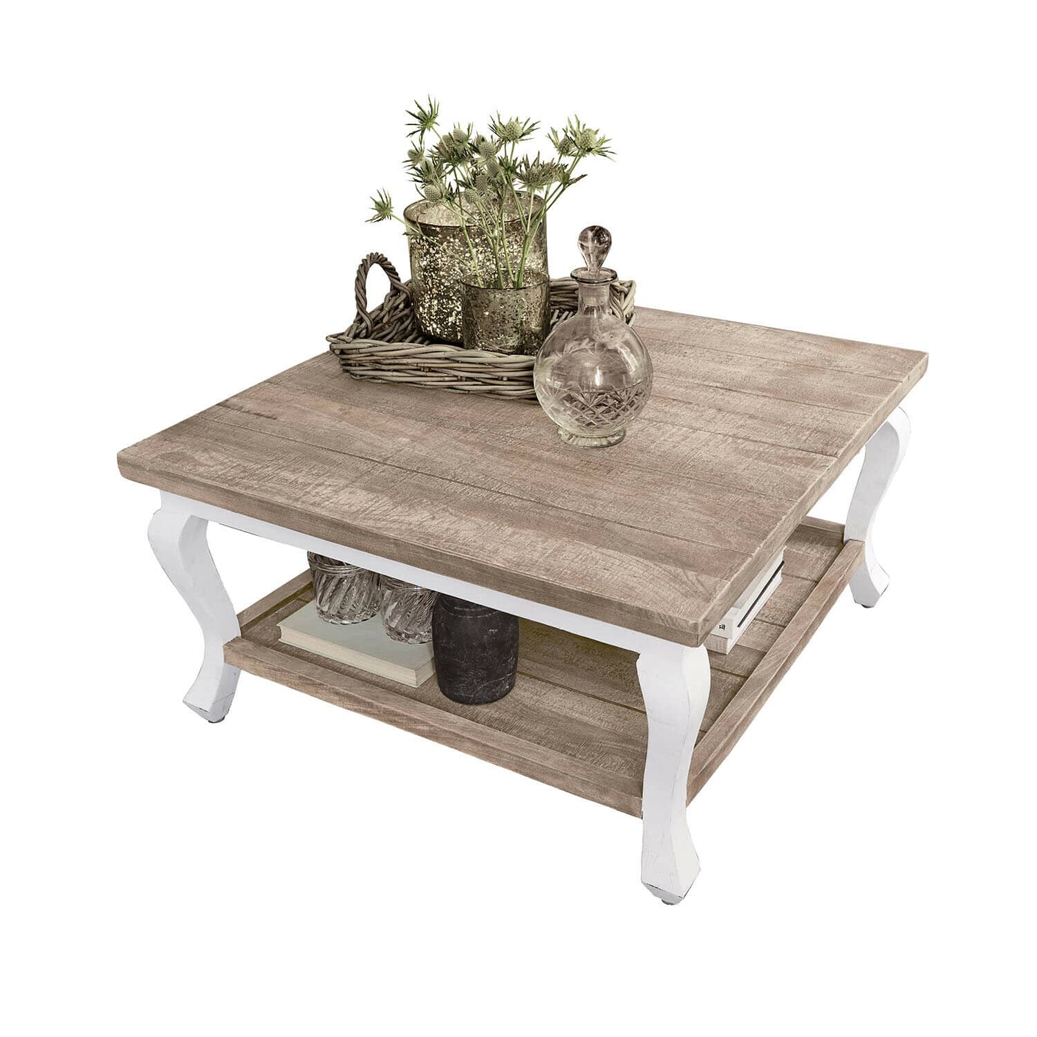 Salontafel Riverside Vierkante houten salontafel met witte poten, decoratie en plank voor boeken
