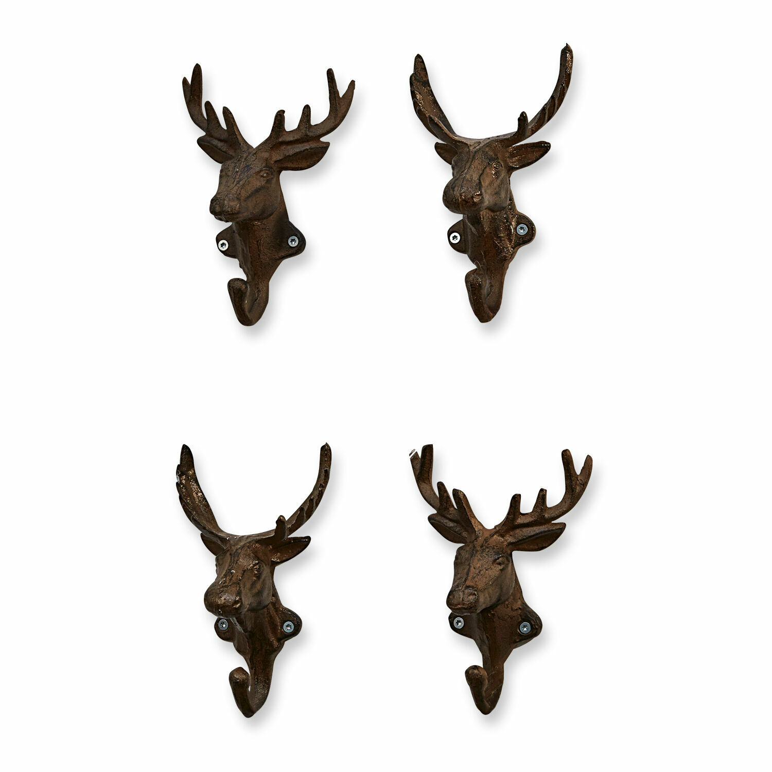 Haak set van 4 Deer Set van vier bruine metalen wandhaken in de vorm van een hertenhoofd voor wanddecoratie