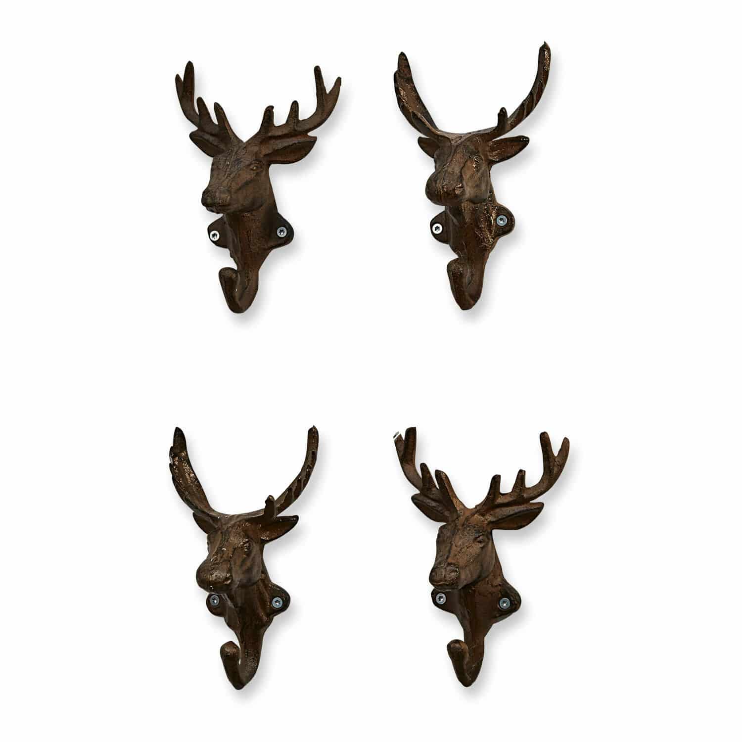 Haak set van 4 Deer Set van vier bruine metalen wandhaken in de vorm van een hertenhoofd voor wanddecoratie