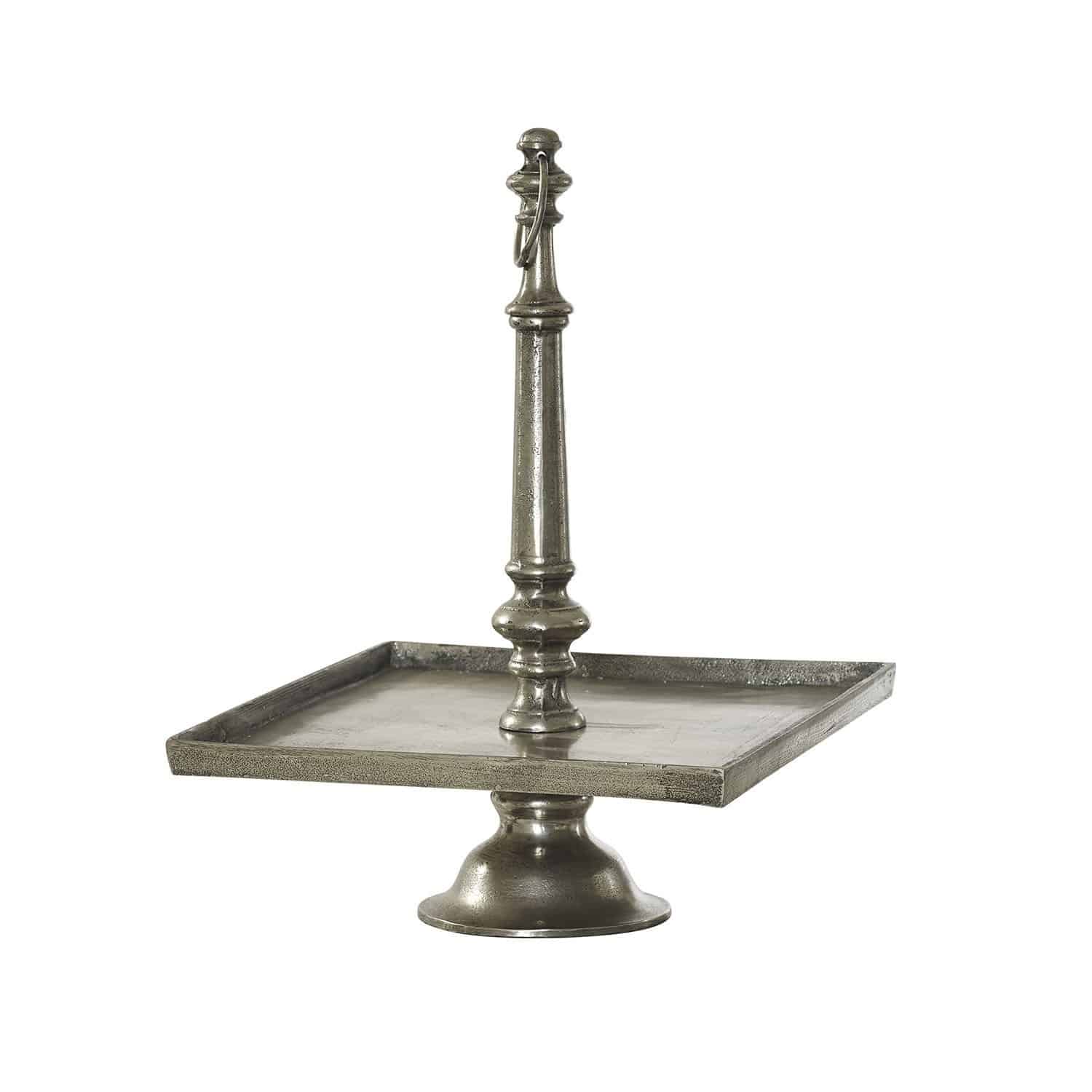 Etagère Maxine Zilverkleurige metalen etagère met voet en handvat, decoratieve serveer- en presenteerschaal