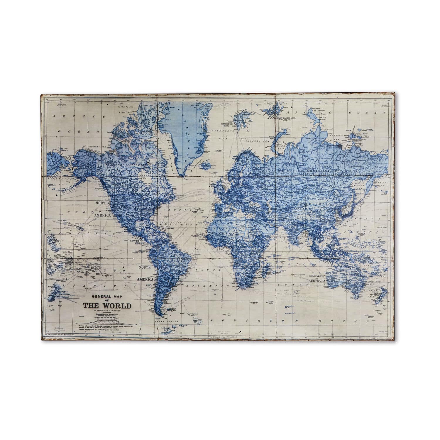 Vintage wereldkaart met turquoise contouren op beige achtergrond, wanddecoratie