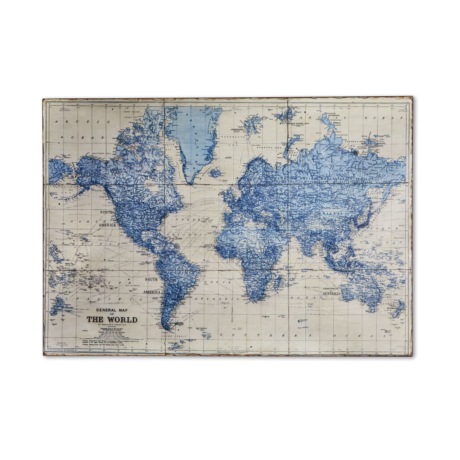 turquoise Vintage wereldkaart met turquoise contouren op beige achtergrond, wanddecoratie