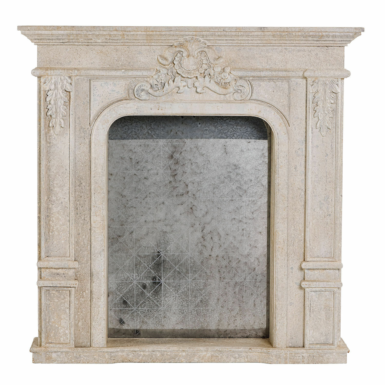 Rethonvillers schoorsteenconsole van antiek wit steen met decoratieve houtsnijwerken