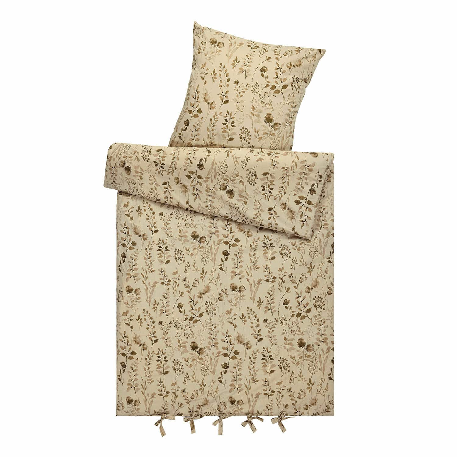 Dekbedovertrekset Maraviglio Beige katoenen beddengoed met fijn plantenpatroon en strikjes onderaan, natuurlijk beddengoed